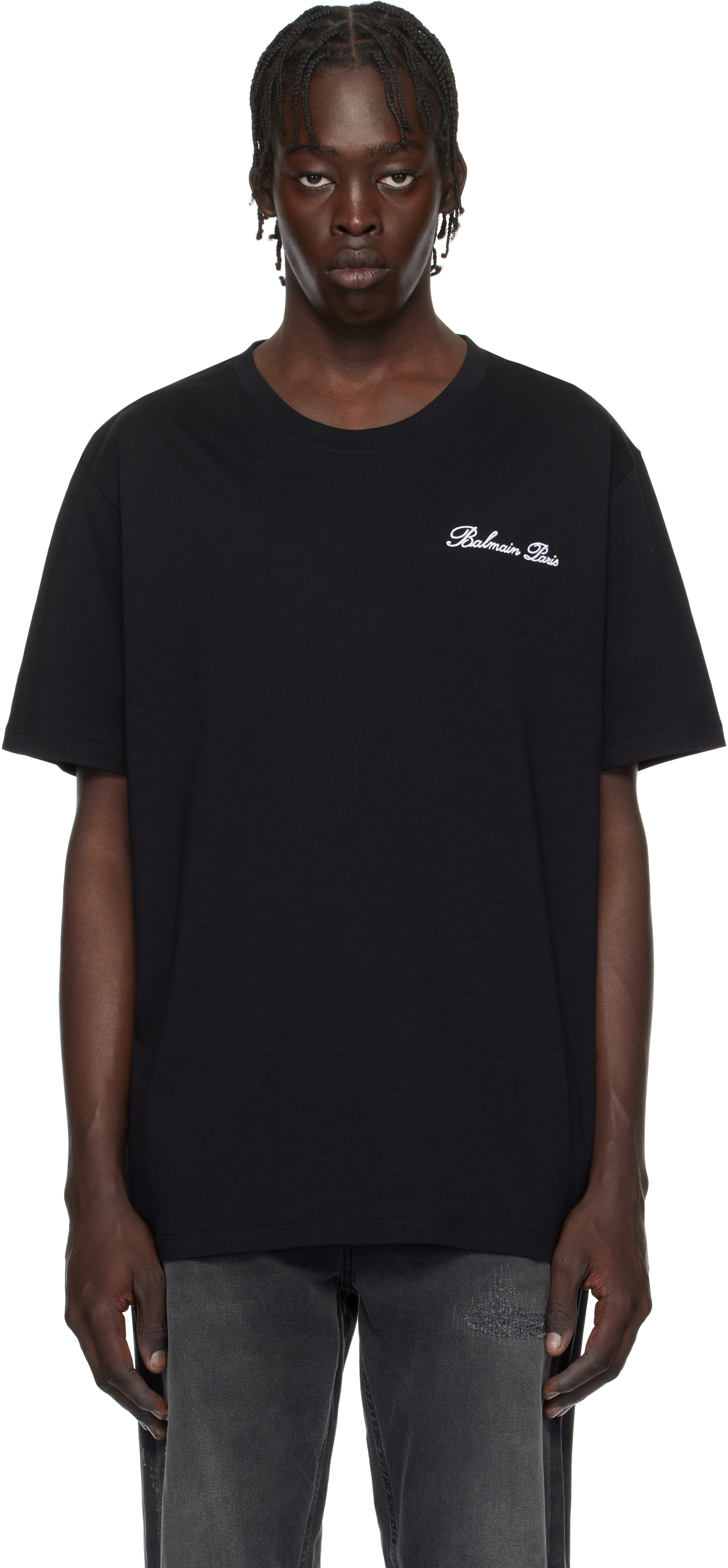 【関税＆送料込み】Balmain Loose Ss T-Shirt Clothing Black Loose 'Balmain' Signature Embroidery T-shirt by