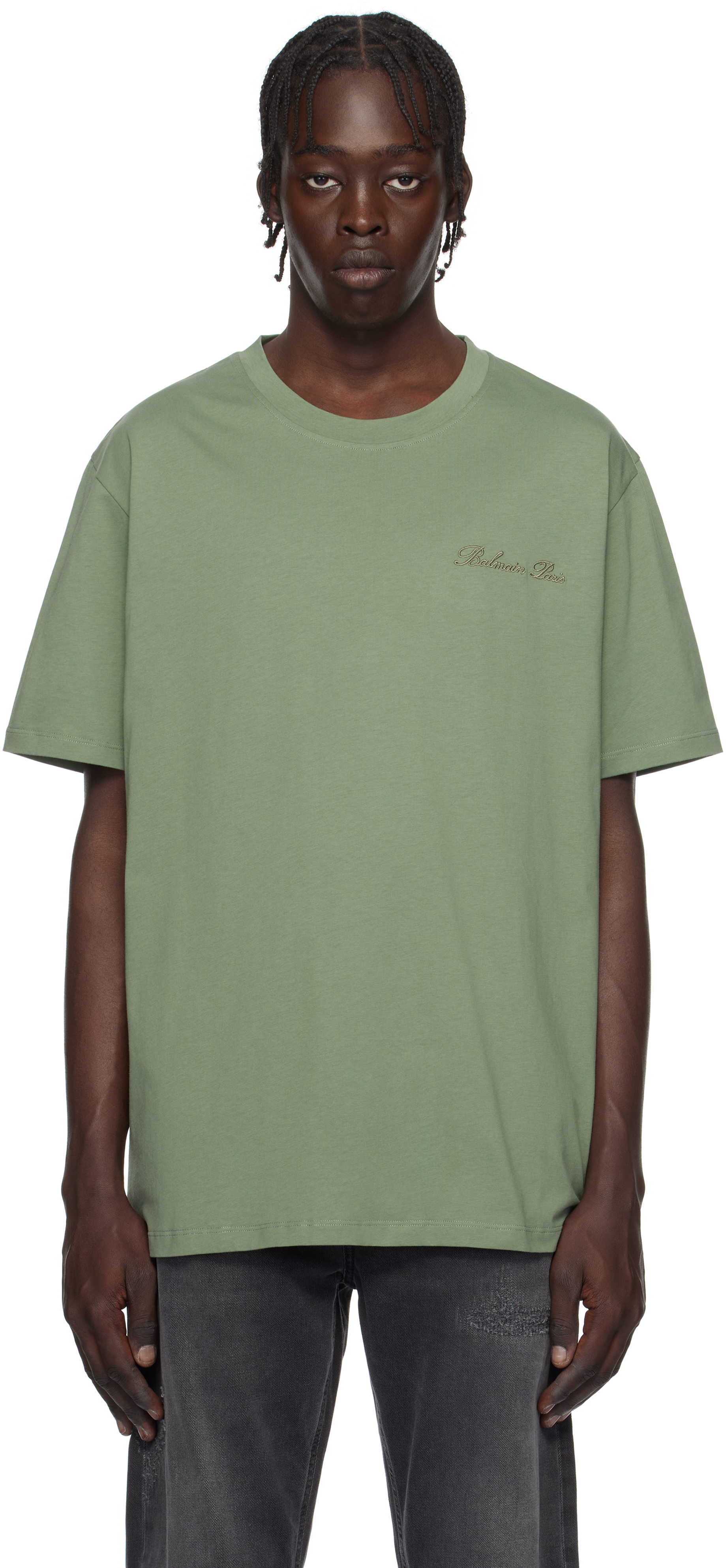 Green Loose 'Balmain' Signature Embroidery T-shirt by