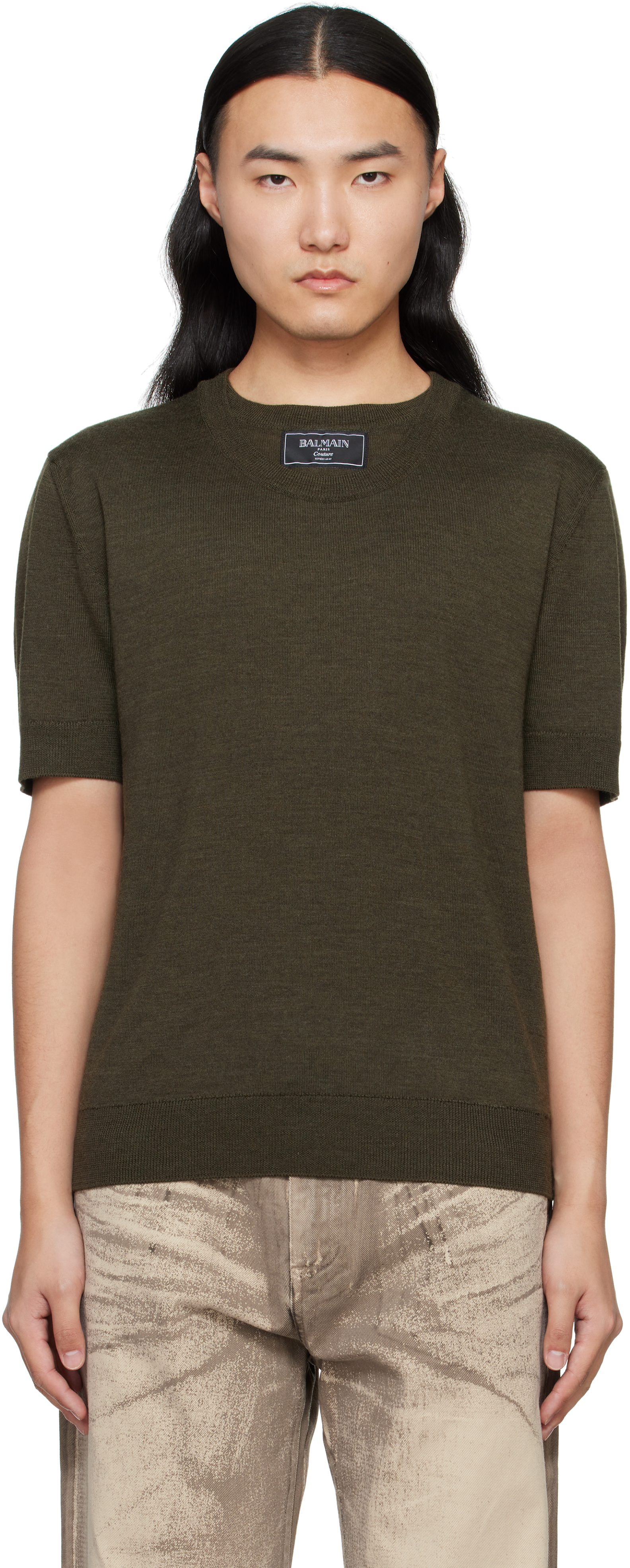 【関税込み】Balmain グリーン ツーカラー ニット Tシャツ Balmainのグリーン ツーカラー ニット Tシャツがセール中