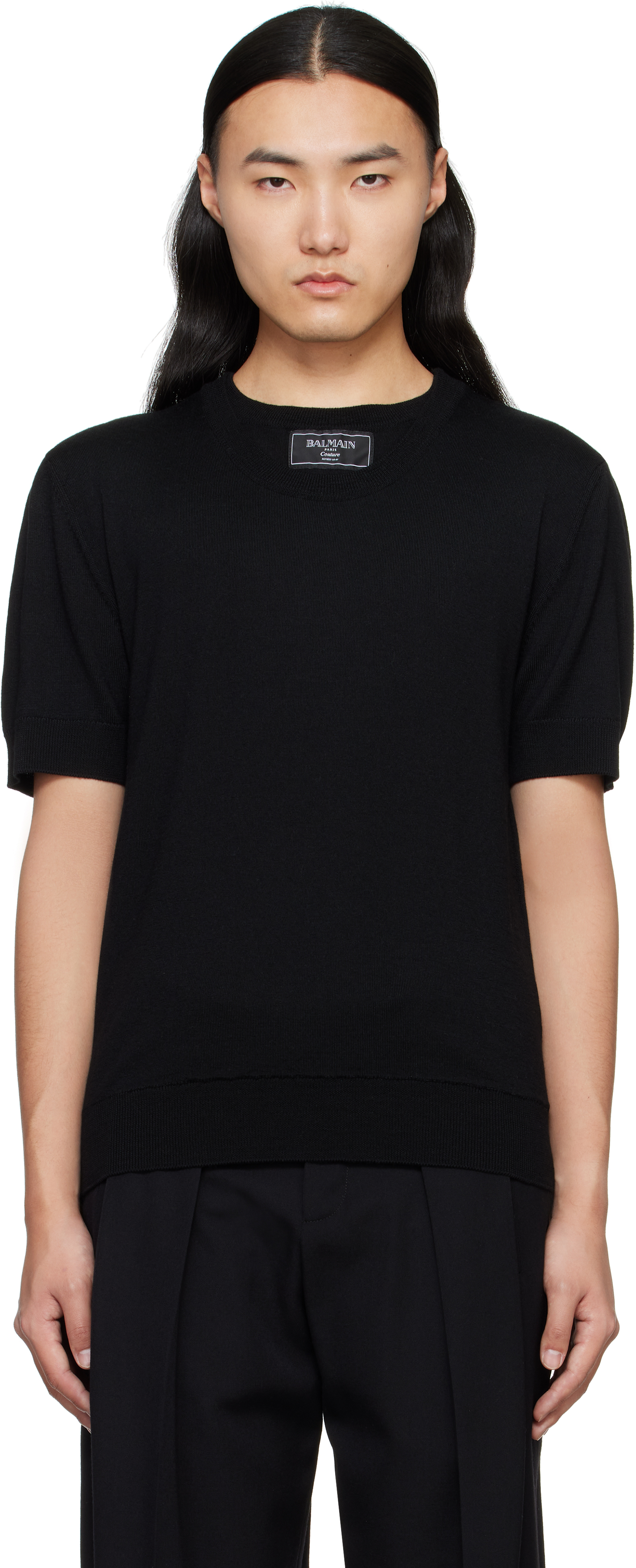 【関税込み】Balmain ブラック ツーカラー ニット Tシャツ Balmainのブラック ツーカラー ニット Tシャツがセール中