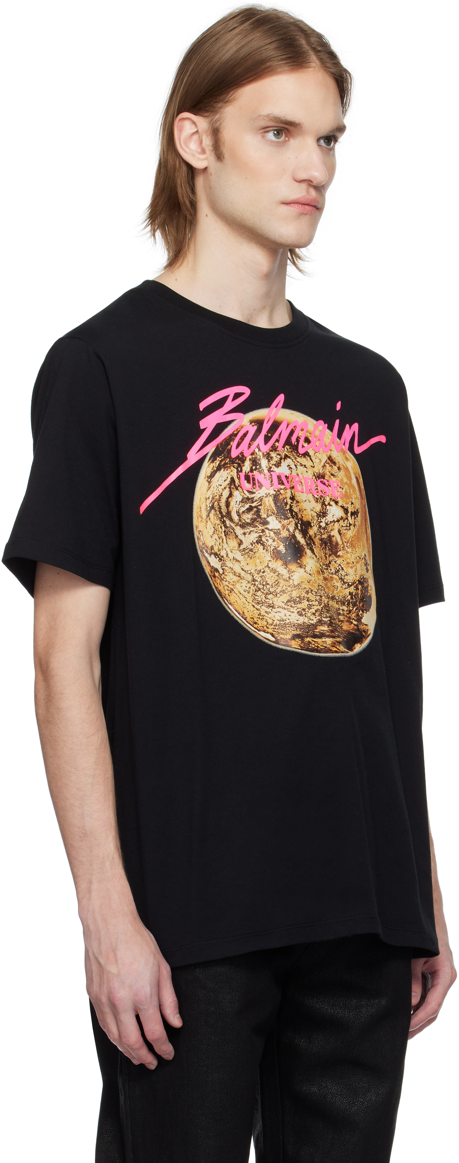 Balmain Universe Logo And Planet T-shirt In Enc Noir/or/rose Fuc
