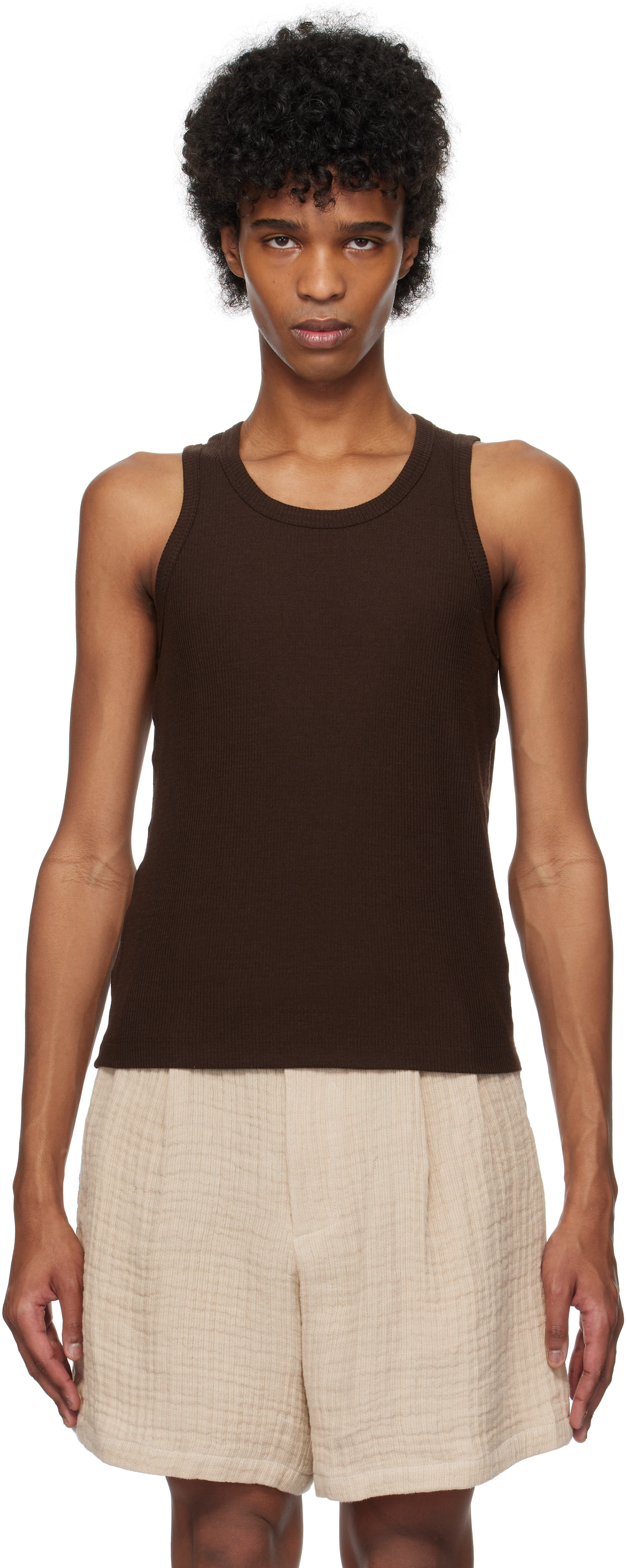 TONYWACK: ブラウン スーパーファイン ウール リブ タンクトップ