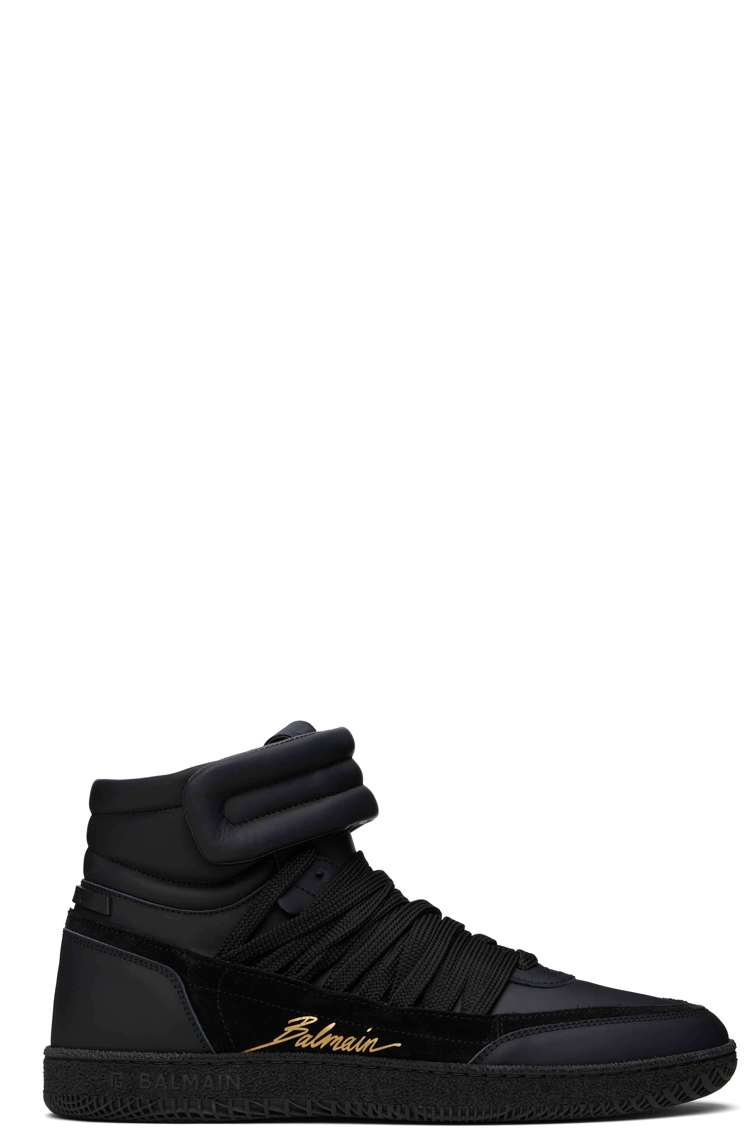 Black Leather 'Balmain Swan' Mid-Top Lace-Up Sneakers