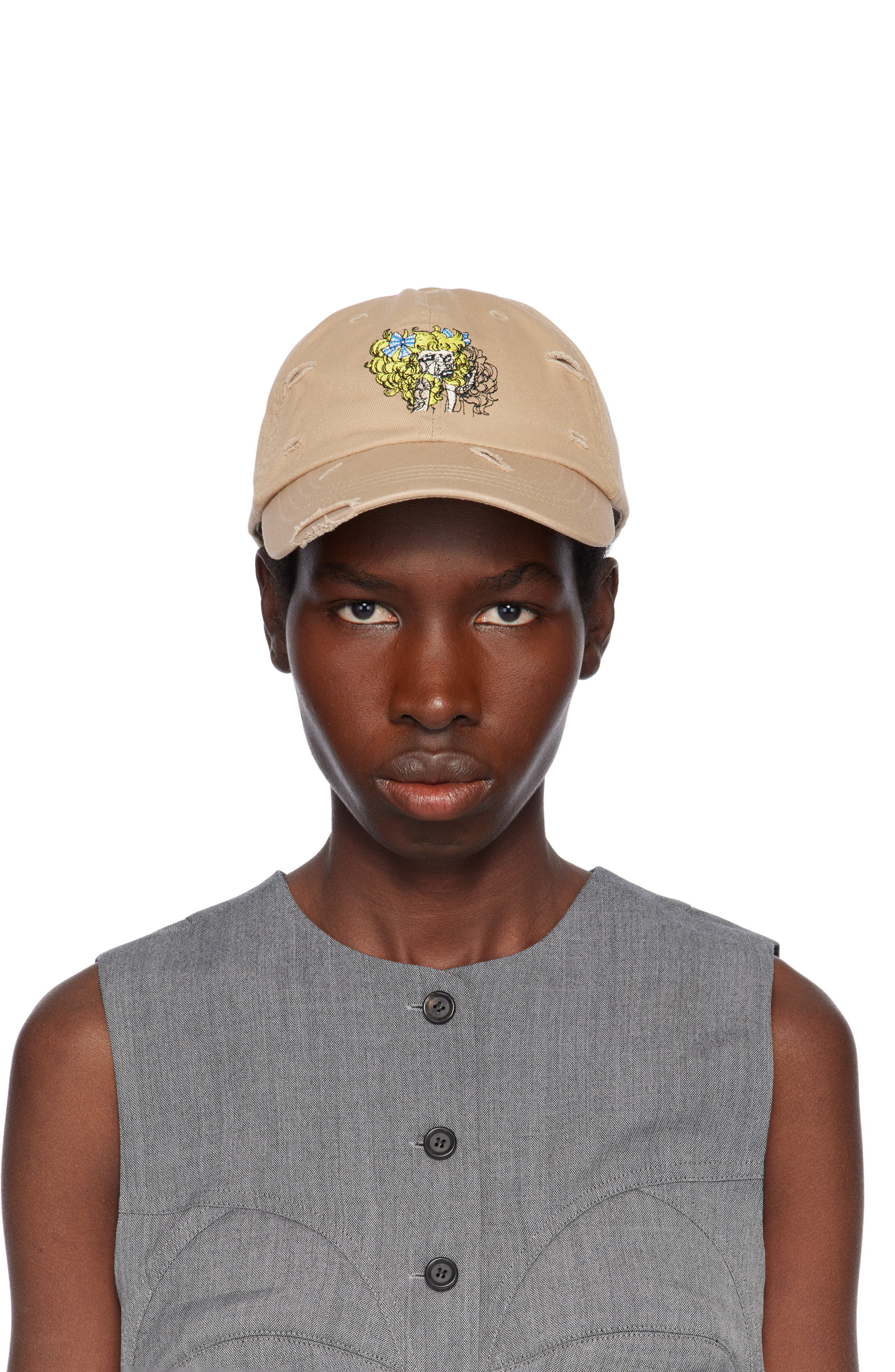 Beige Crying Girl Embroidery Cap