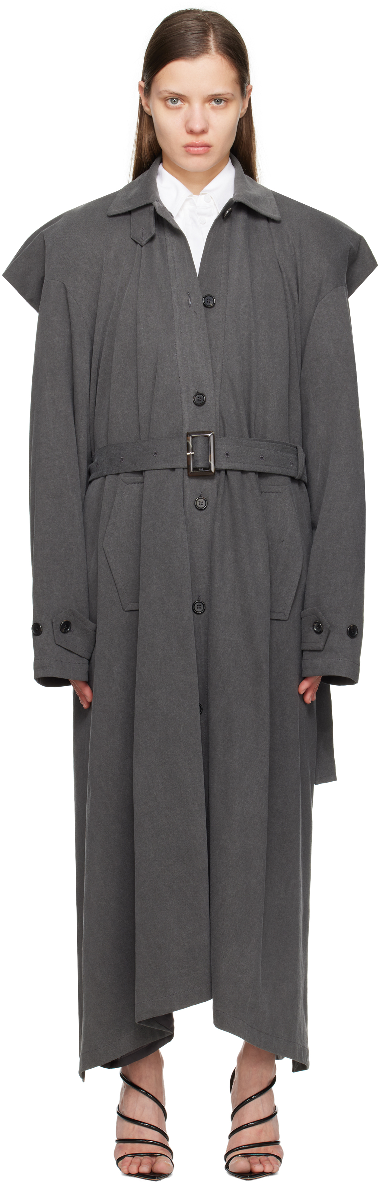 Pushbutton Gray Square Trench Coat