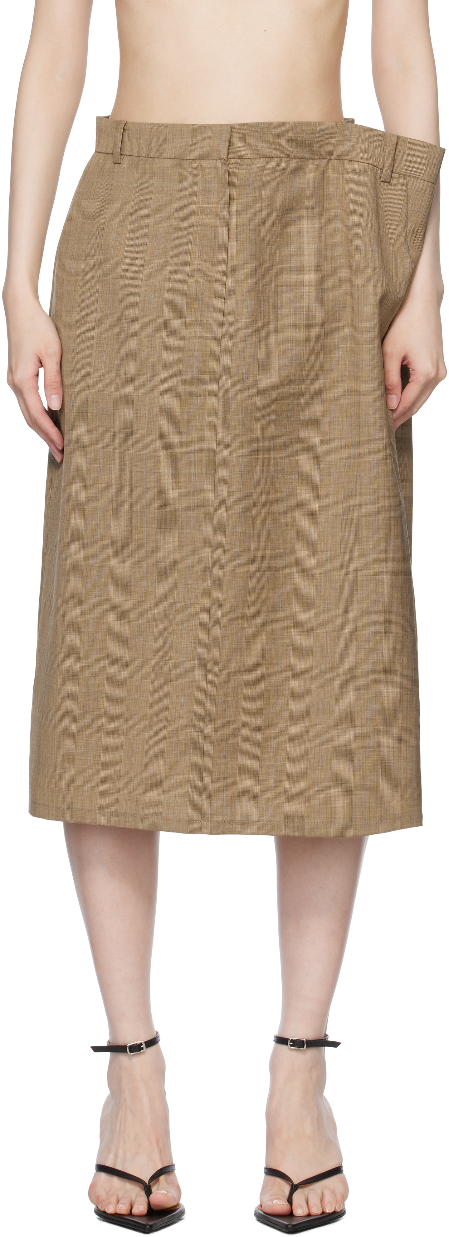 Beige Side Folded H Line Midi Skirt