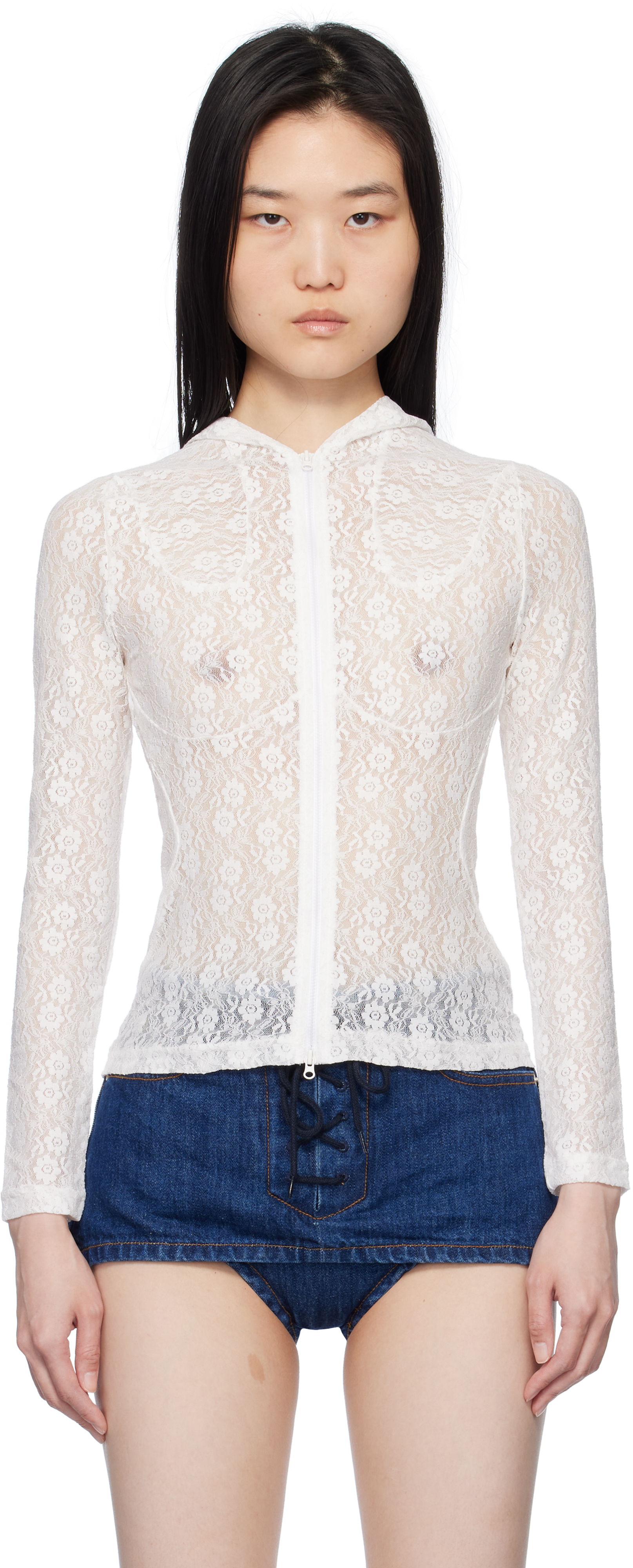 Pushbutton White Lace Zip-up Hoodie