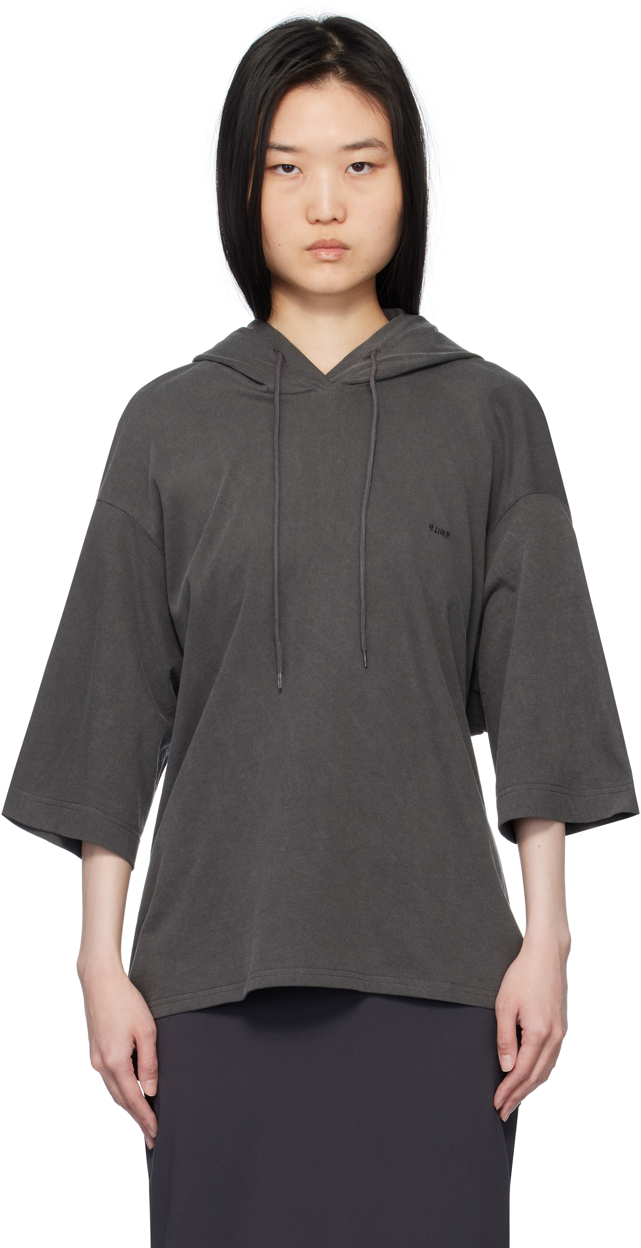 Gray Square Half Sleeve Hoodie by Pushbutton on Sale