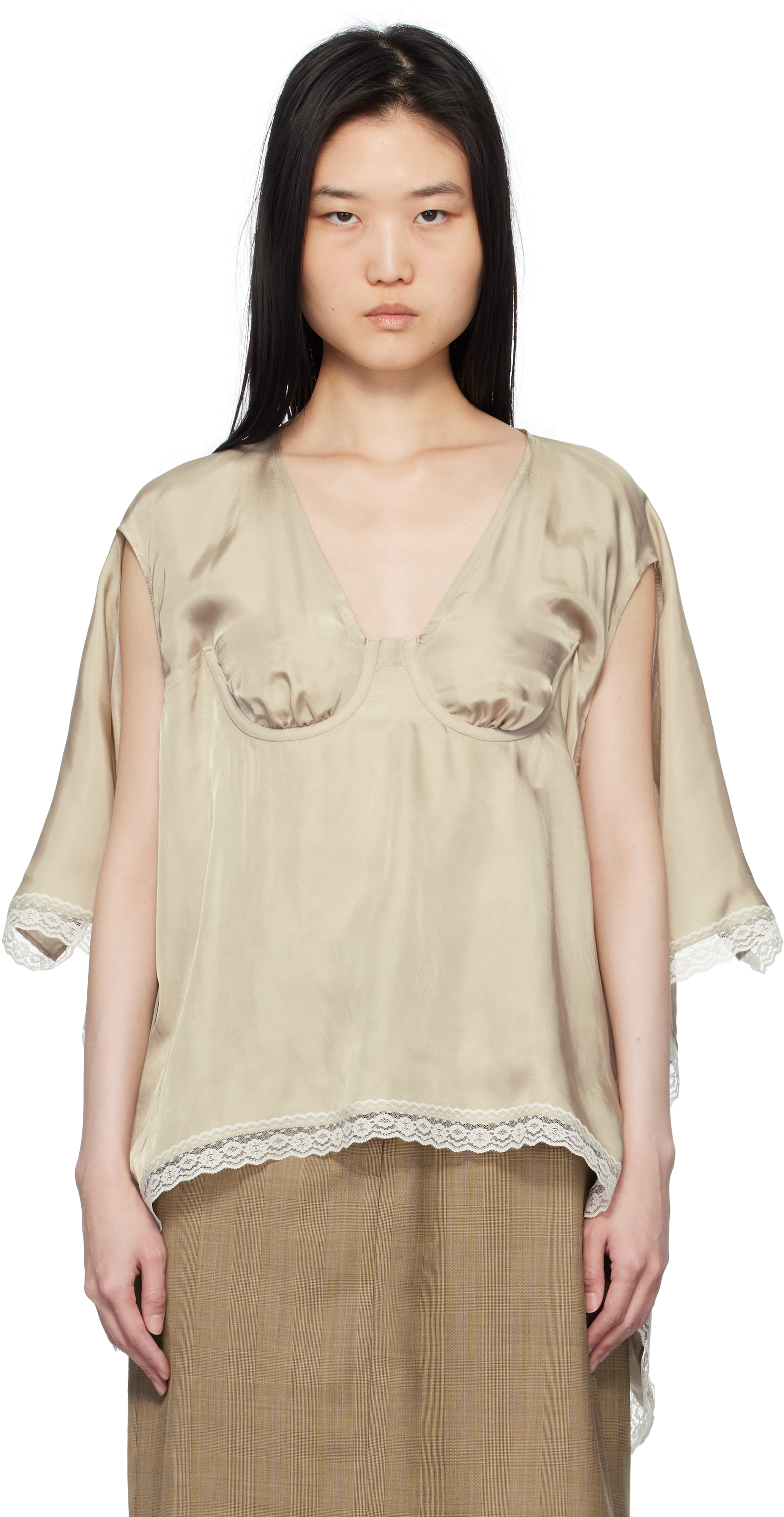 Beige Bra Point Square Blouse