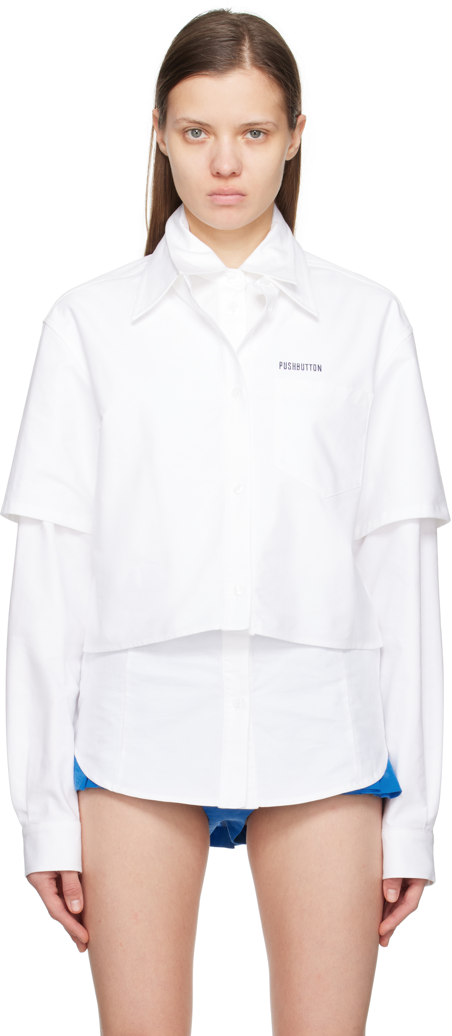 Pushbutton White Double Sleeve Shirt