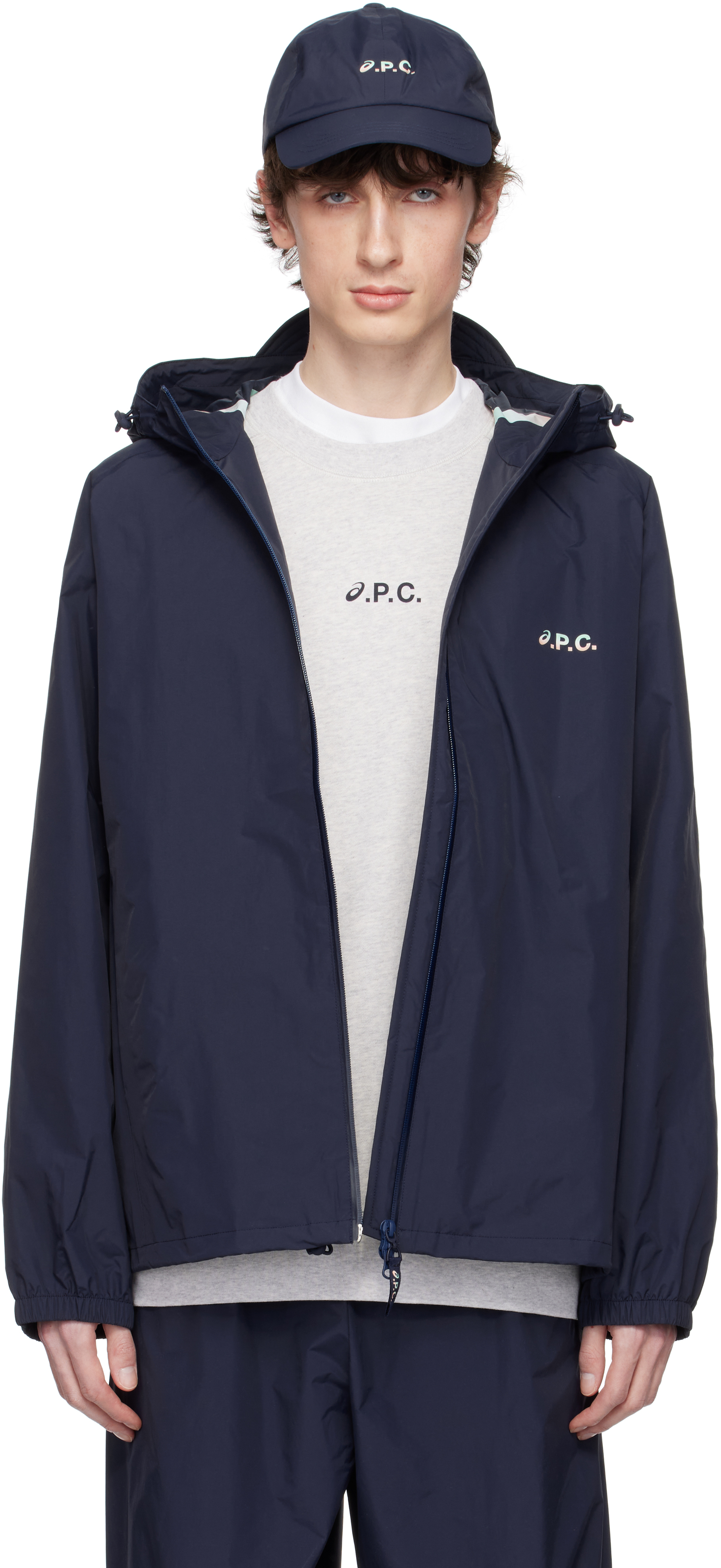 Apc Asics Interaction Logo-print Shell Hooded Jacket In Iak Dark Navy