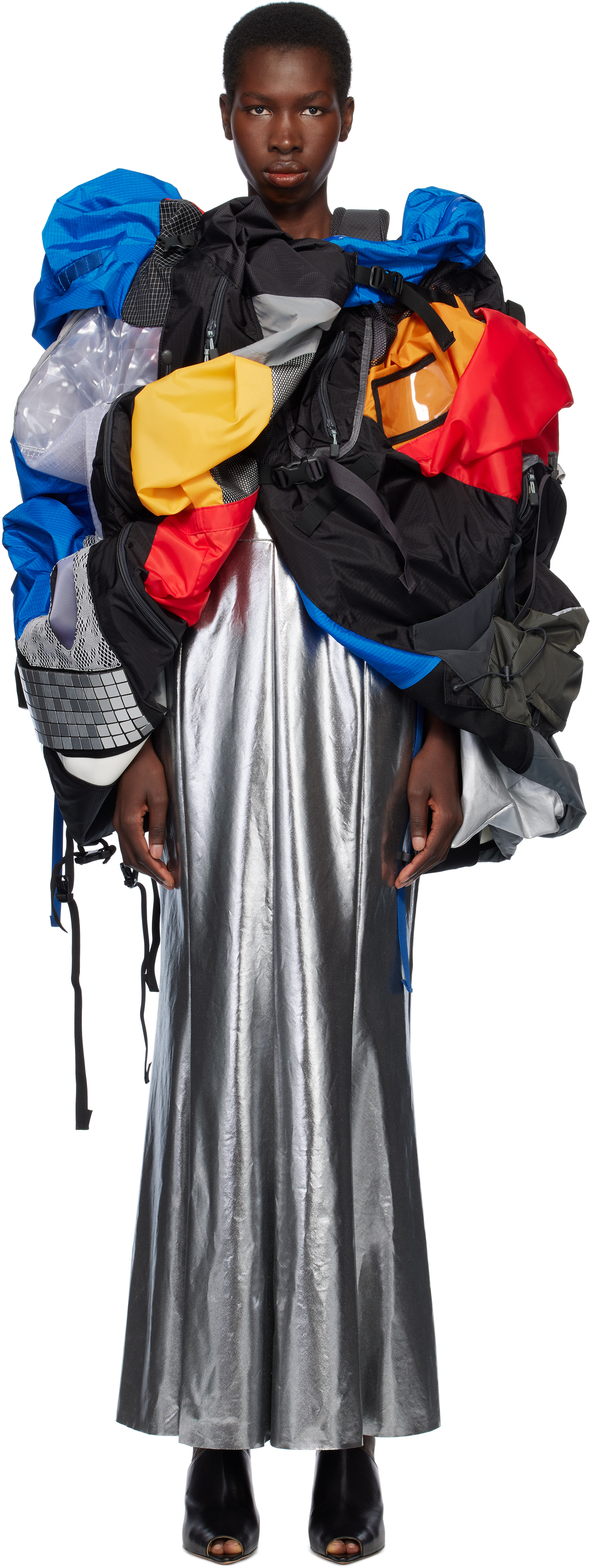 JUNYA WATANABE MULTICOLOR SATIN FOILED MIDI DRESS & MULTI FABRICS VEST SET