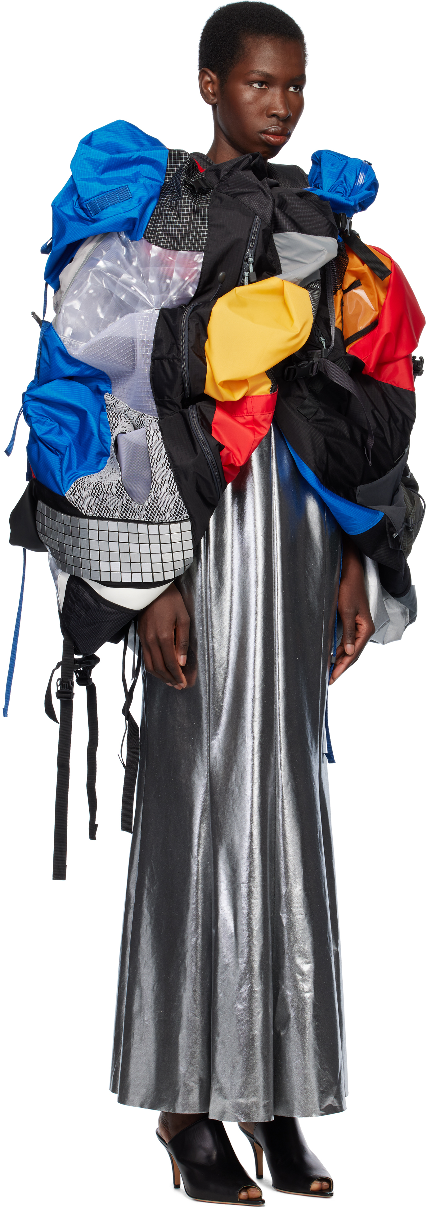 JUNYA WATANABE MULTICOLOR SATIN FOILED MIDI DRESS & MULTI FABRICS VEST SET
