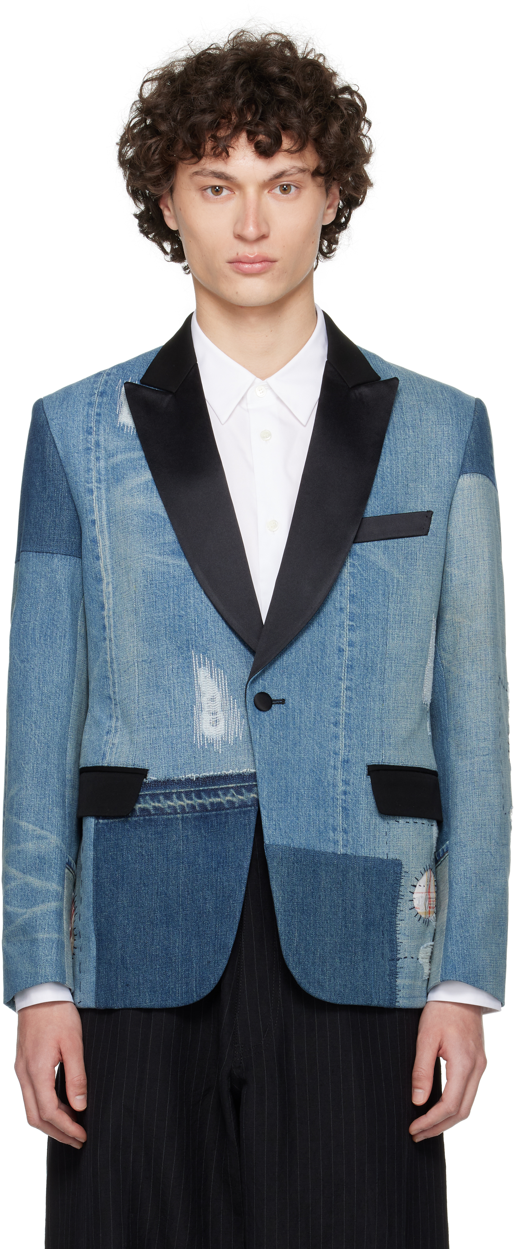 Junya Watanabe: ブルー パッチワーク デニム テーラード