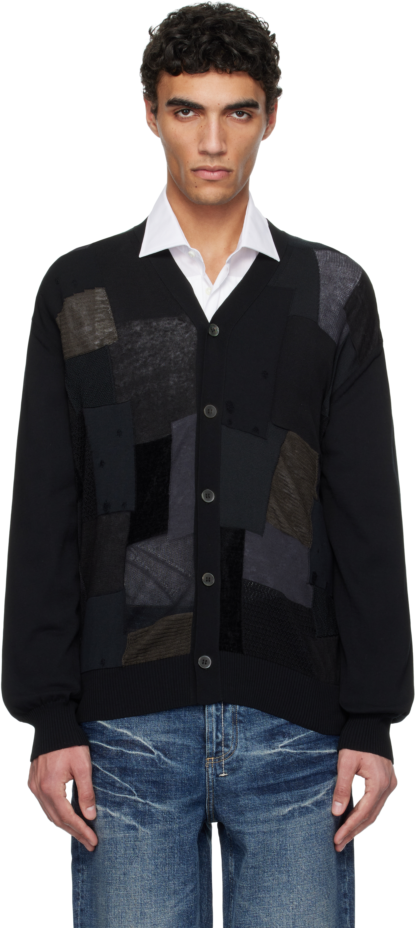 Black Multi Fabrics Mix Intarsia Pattern Cardigan