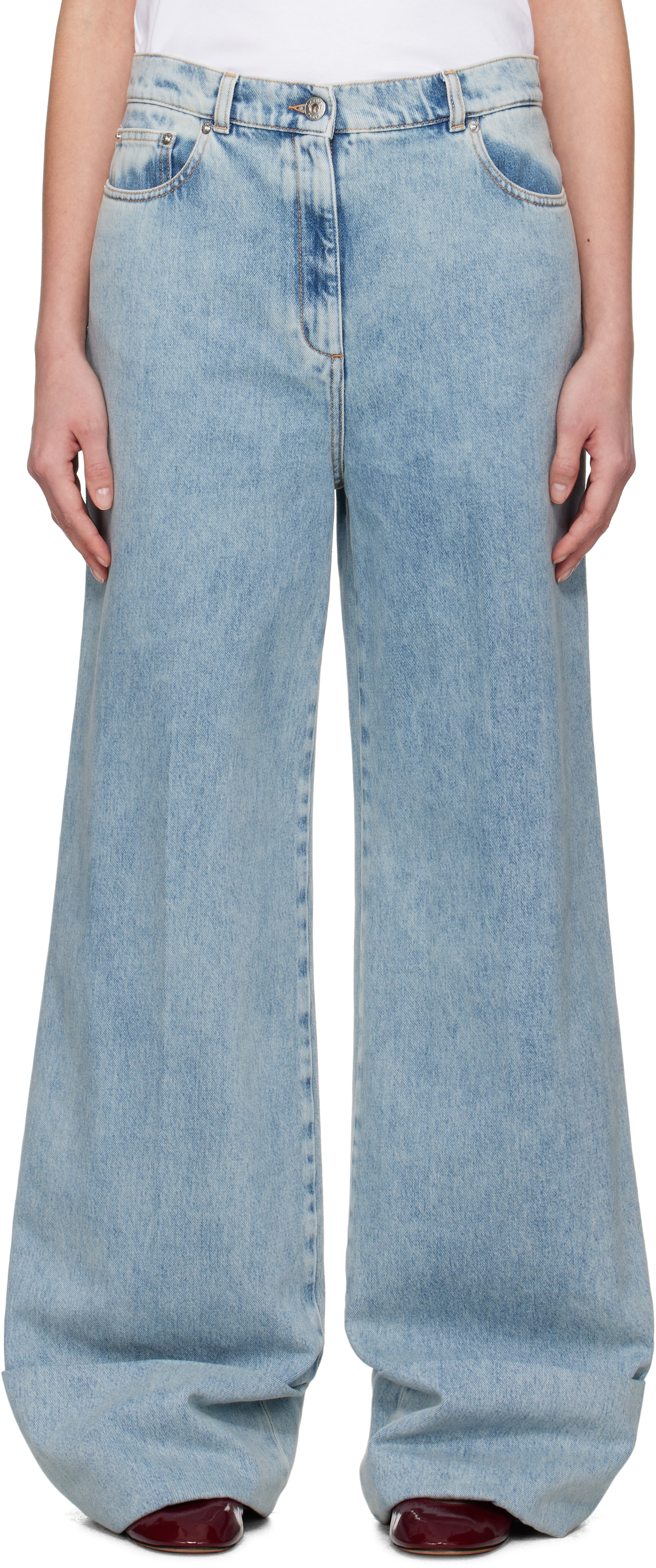 Blue Wide-Leg Cuffed Jeans