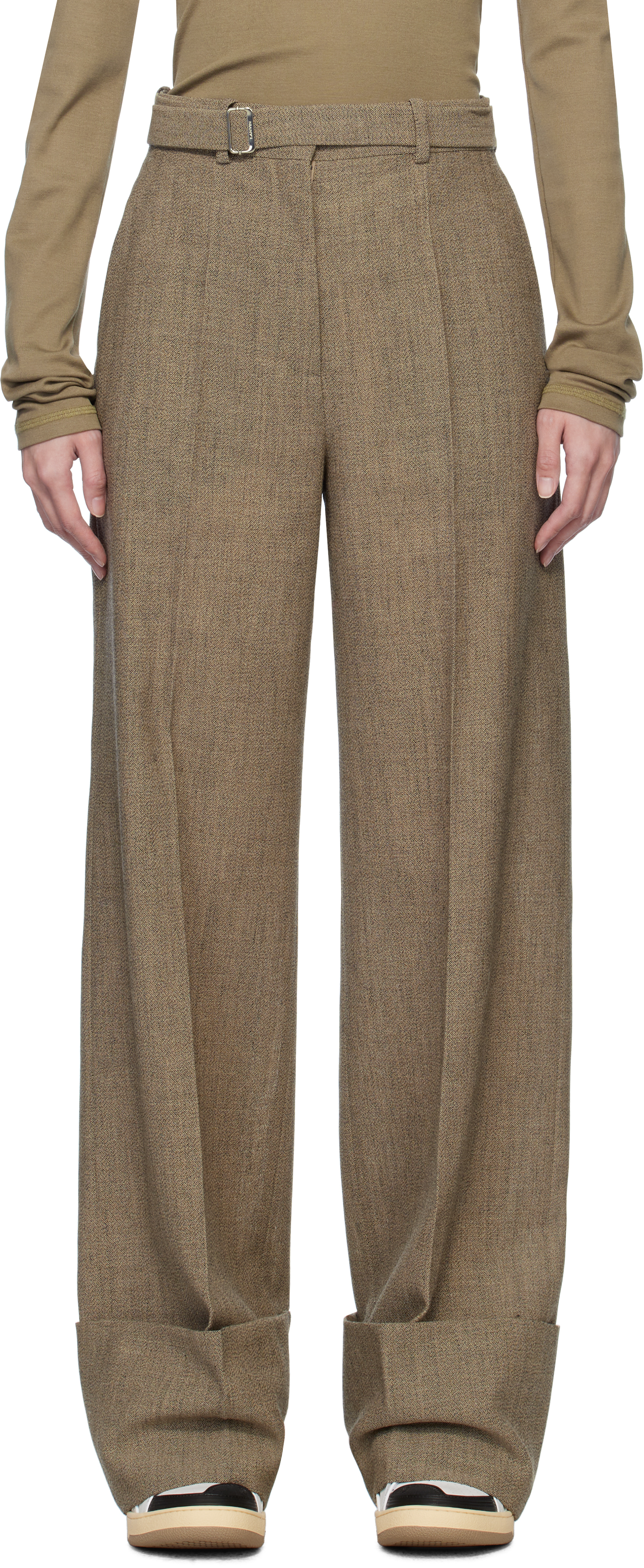 Gray Wide-Leg Cuffed Wool Trousers