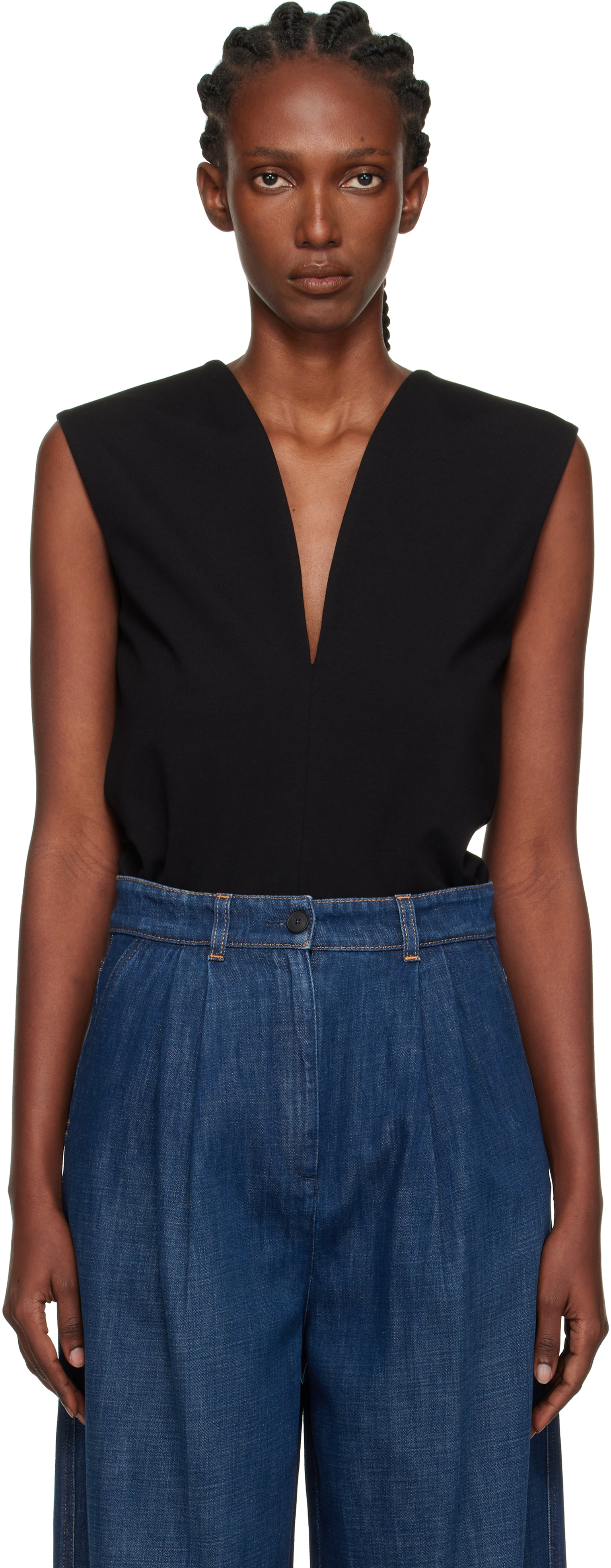 Black Jersey Plunging Neckline Top