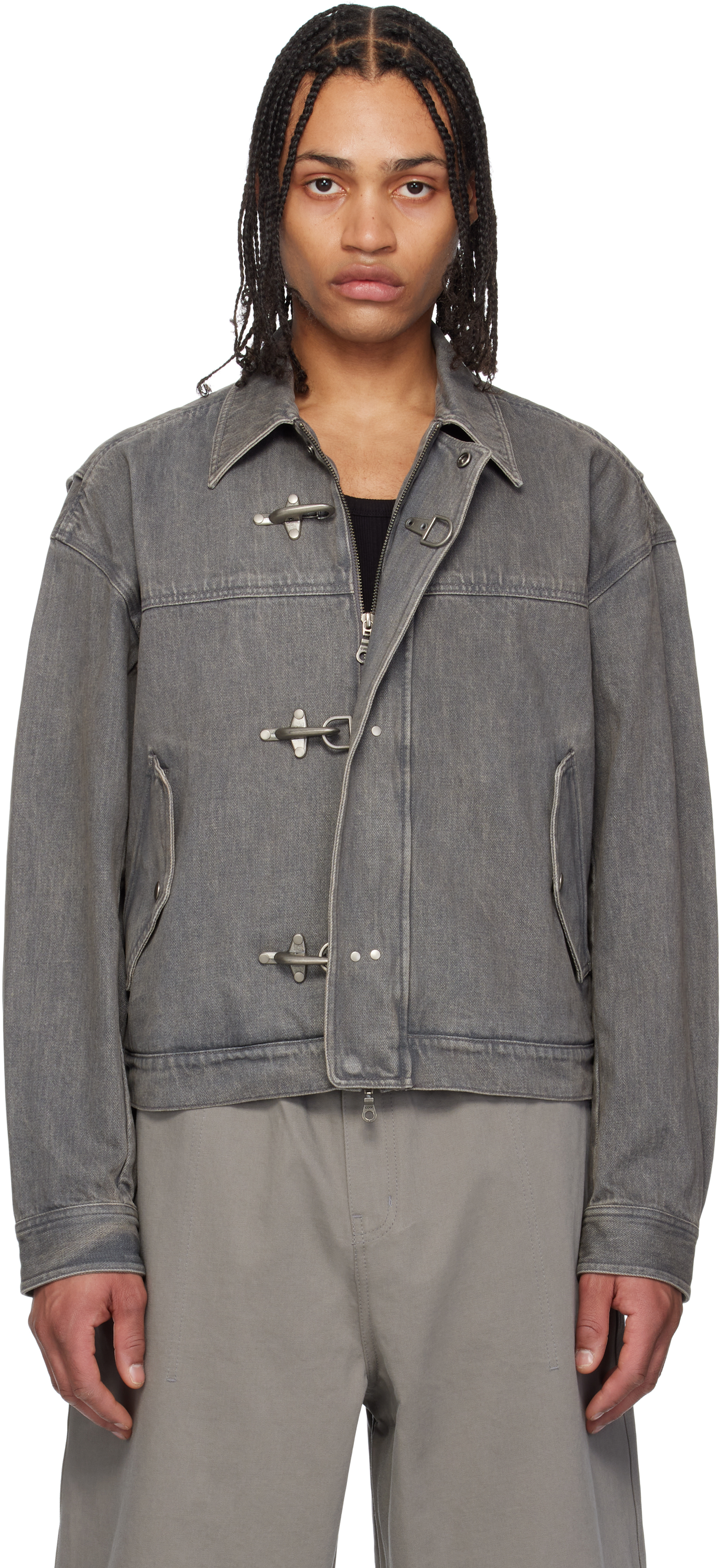 Gray Fireman Crop Denim Jacket by COOR on Sale