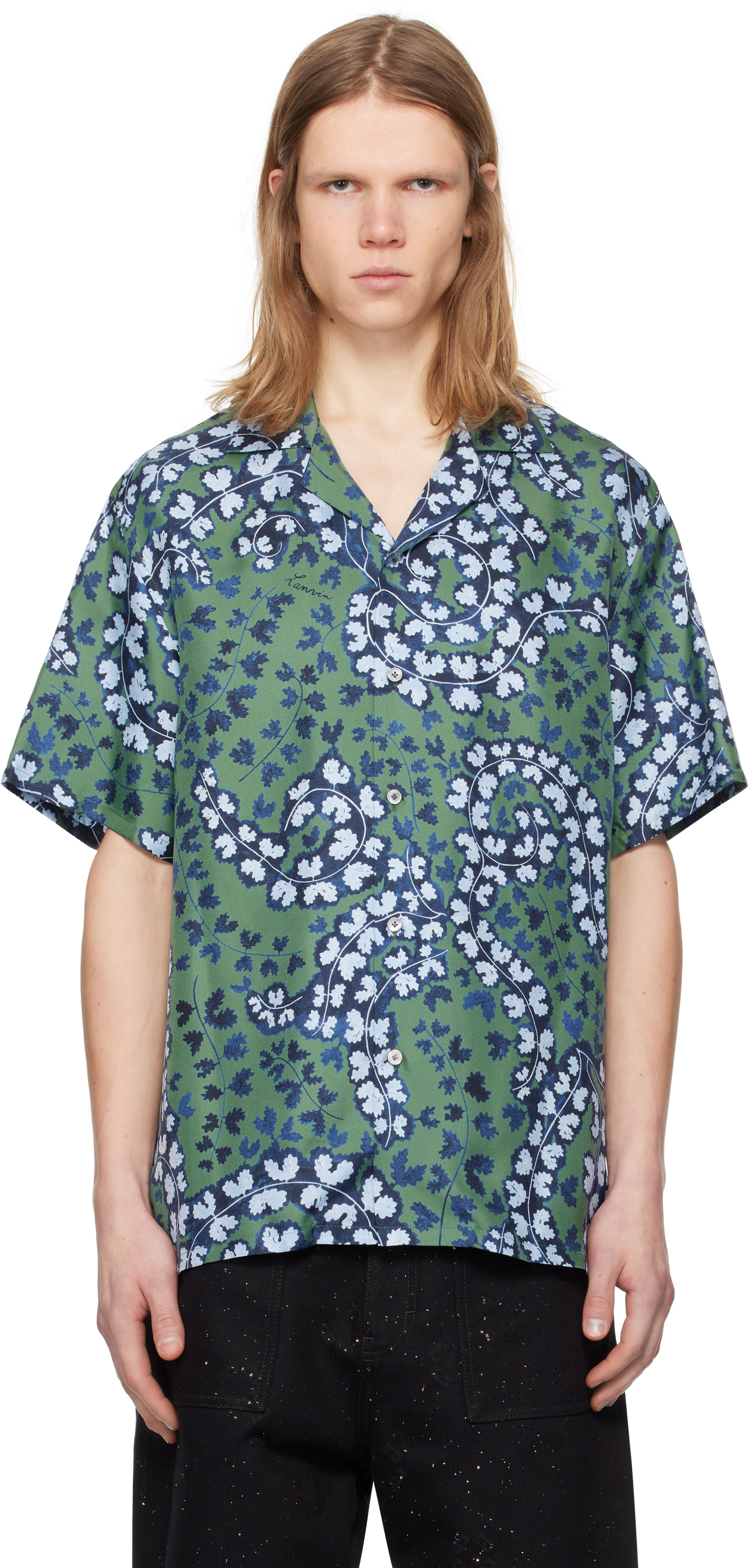 Green & Blue Rateau Print Bowling Shirt