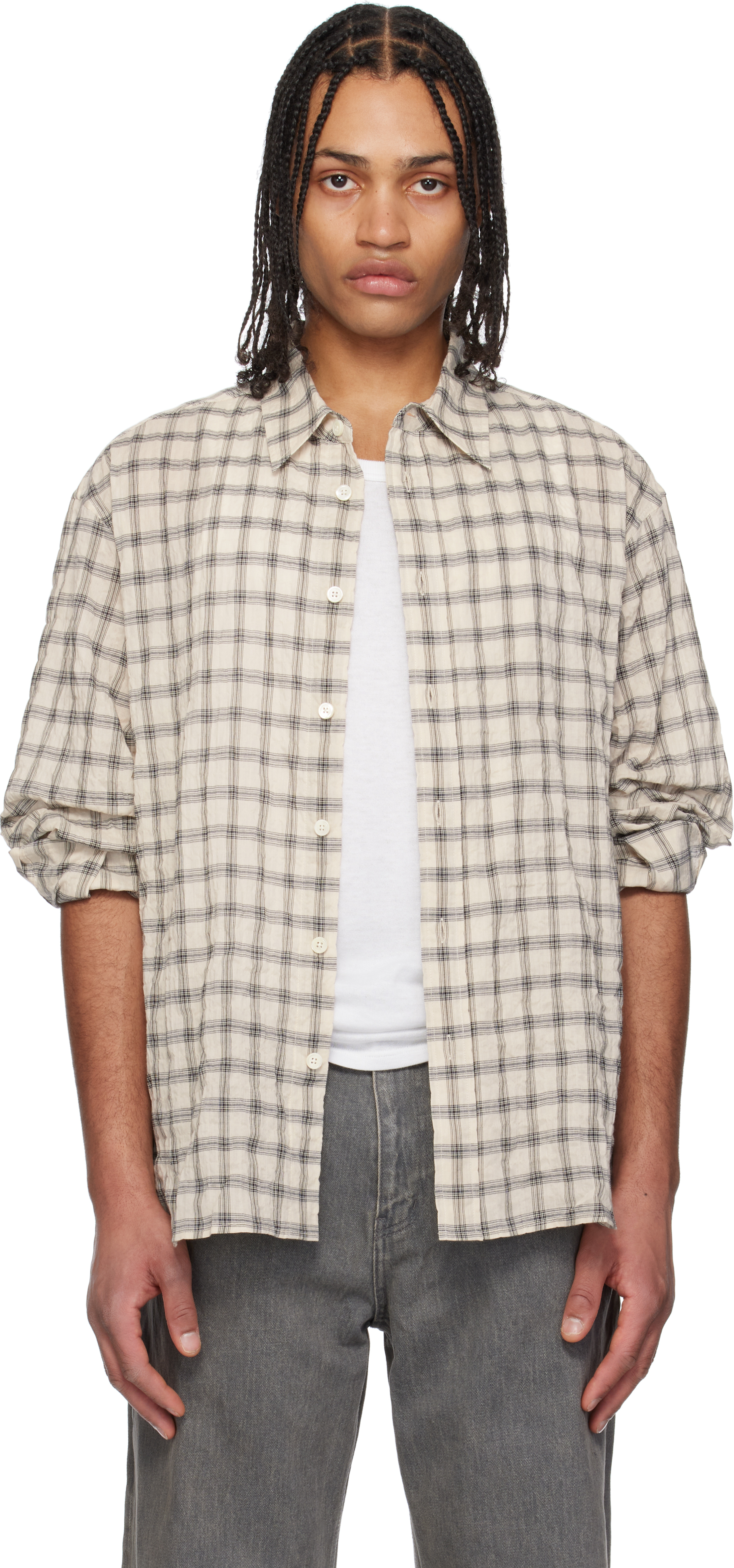 トップス De bon coer TORICO Off-White Seersucker Check Convertible Shirt by COOR on Sale