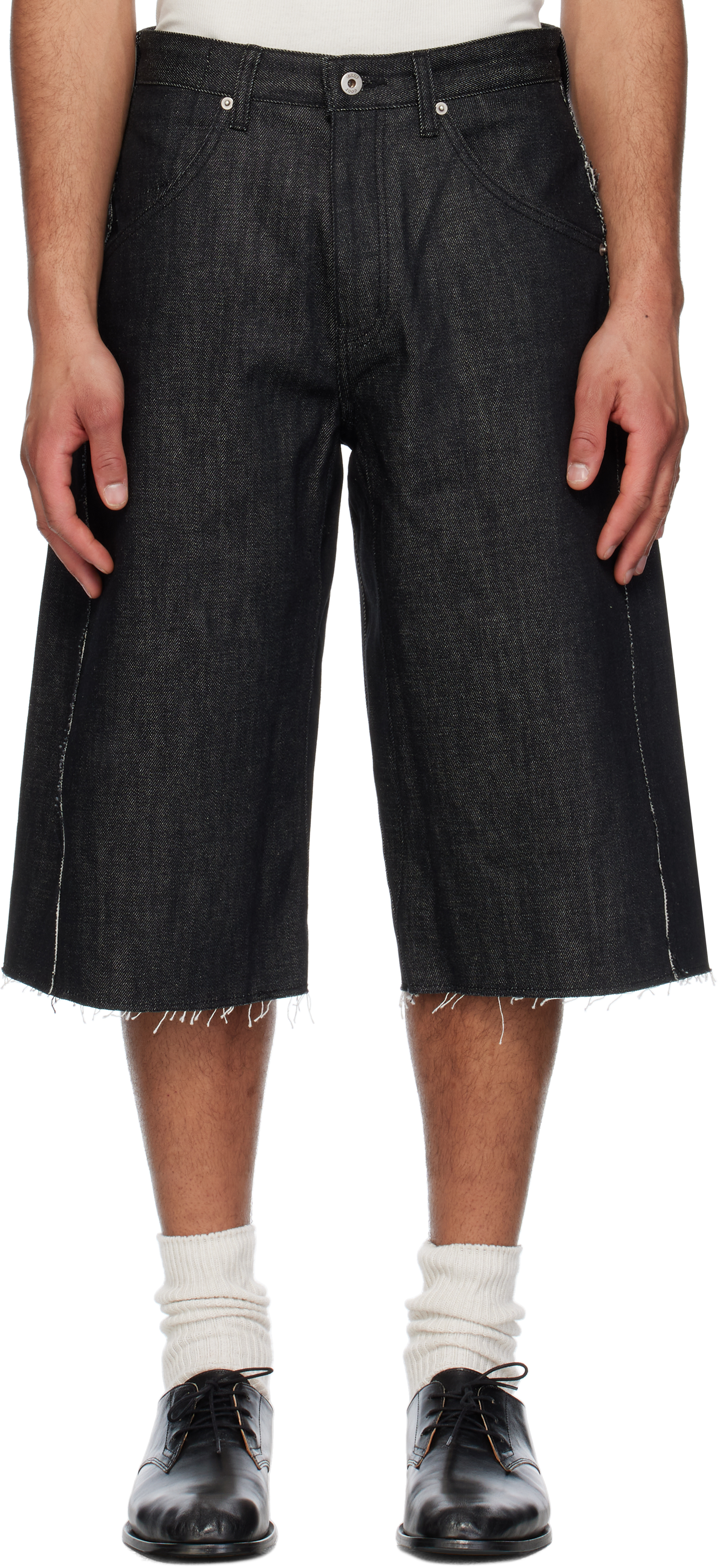 Black Raw Cut Engineer Denim Bermuda Shorts by COOR on Sale