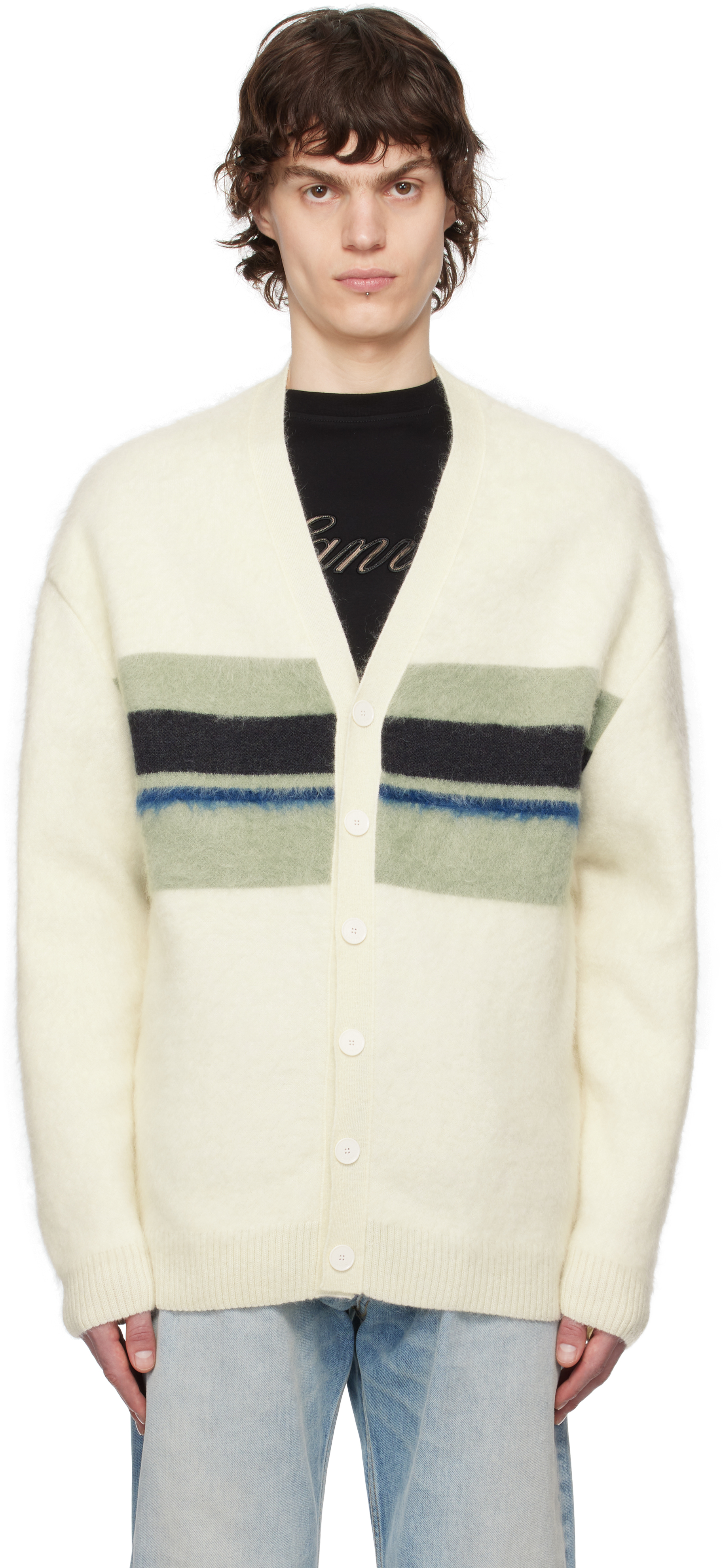 Off-White 
Green Striped Brushed Mohair Cardigan