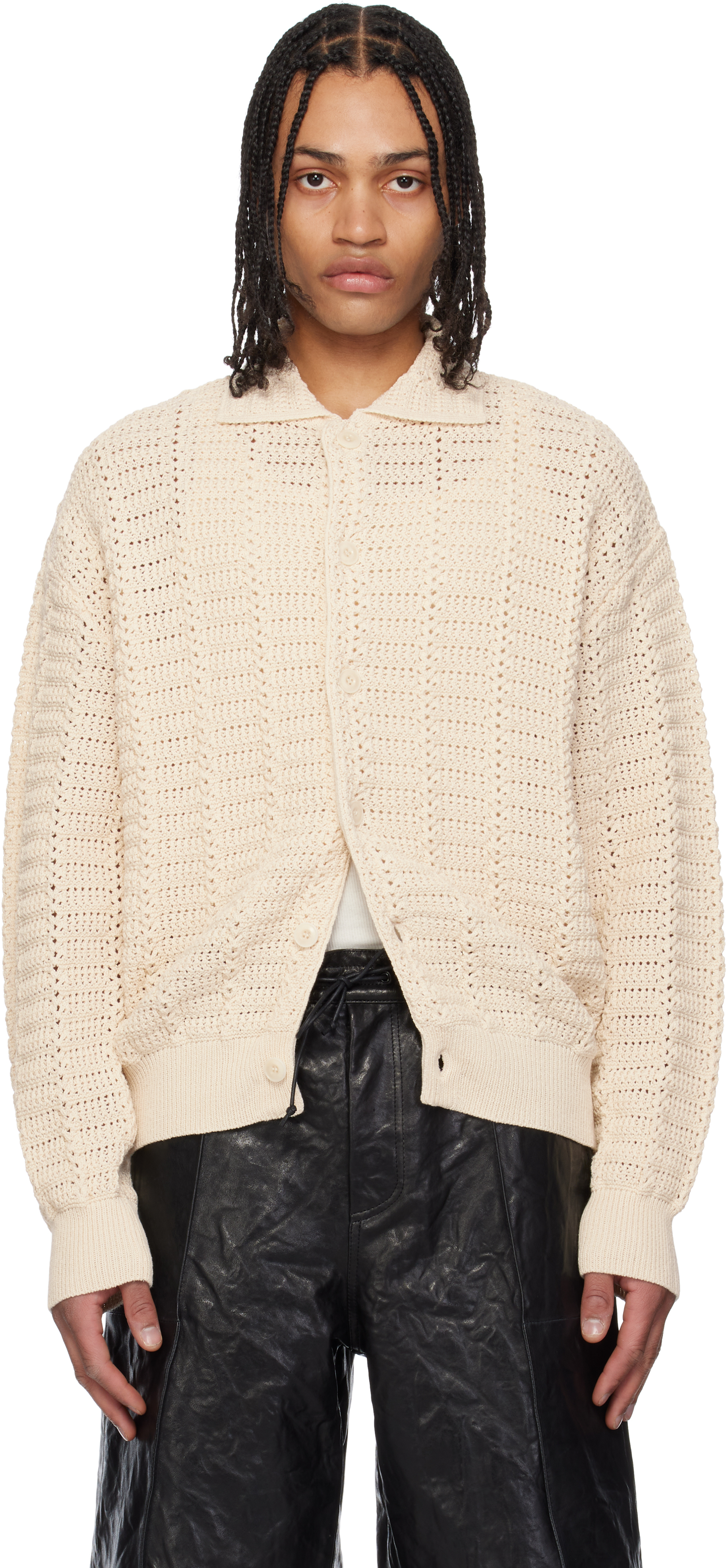 Beige Semi-Overfit Cotton Crochet Cardigan by COOR on Sale