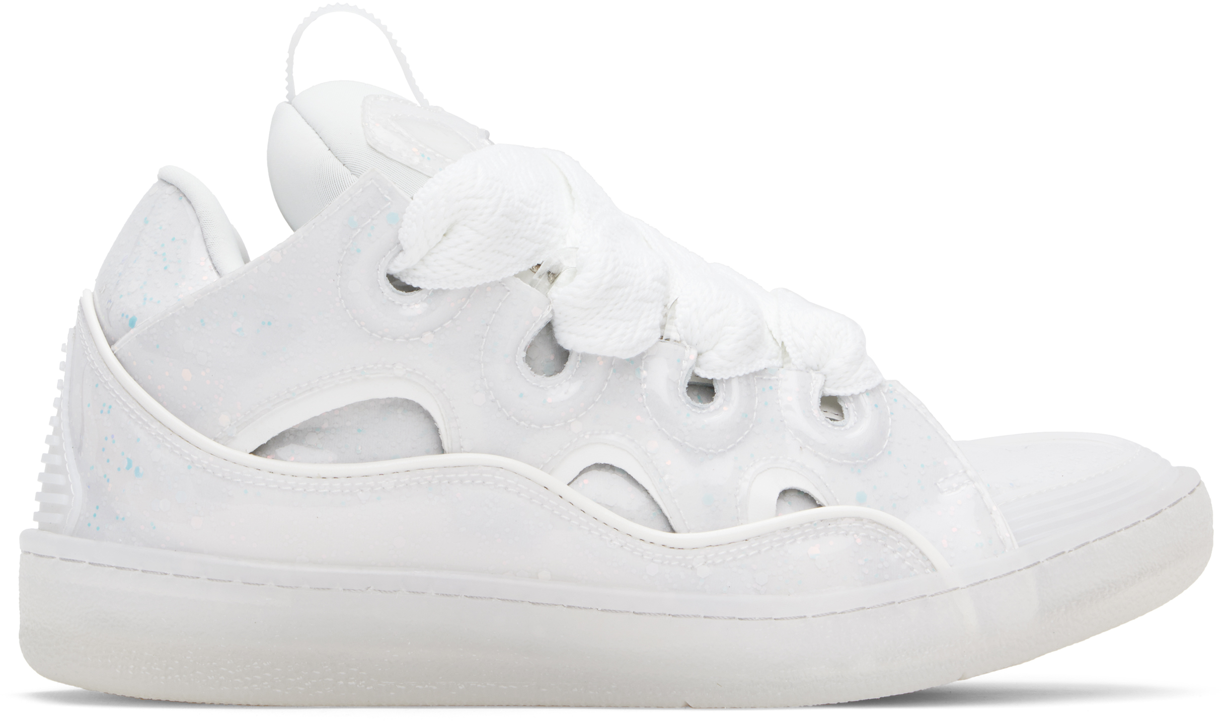 Lanvin Unisex Leather Curb Sneakers With Glitter Effect In White/white0000