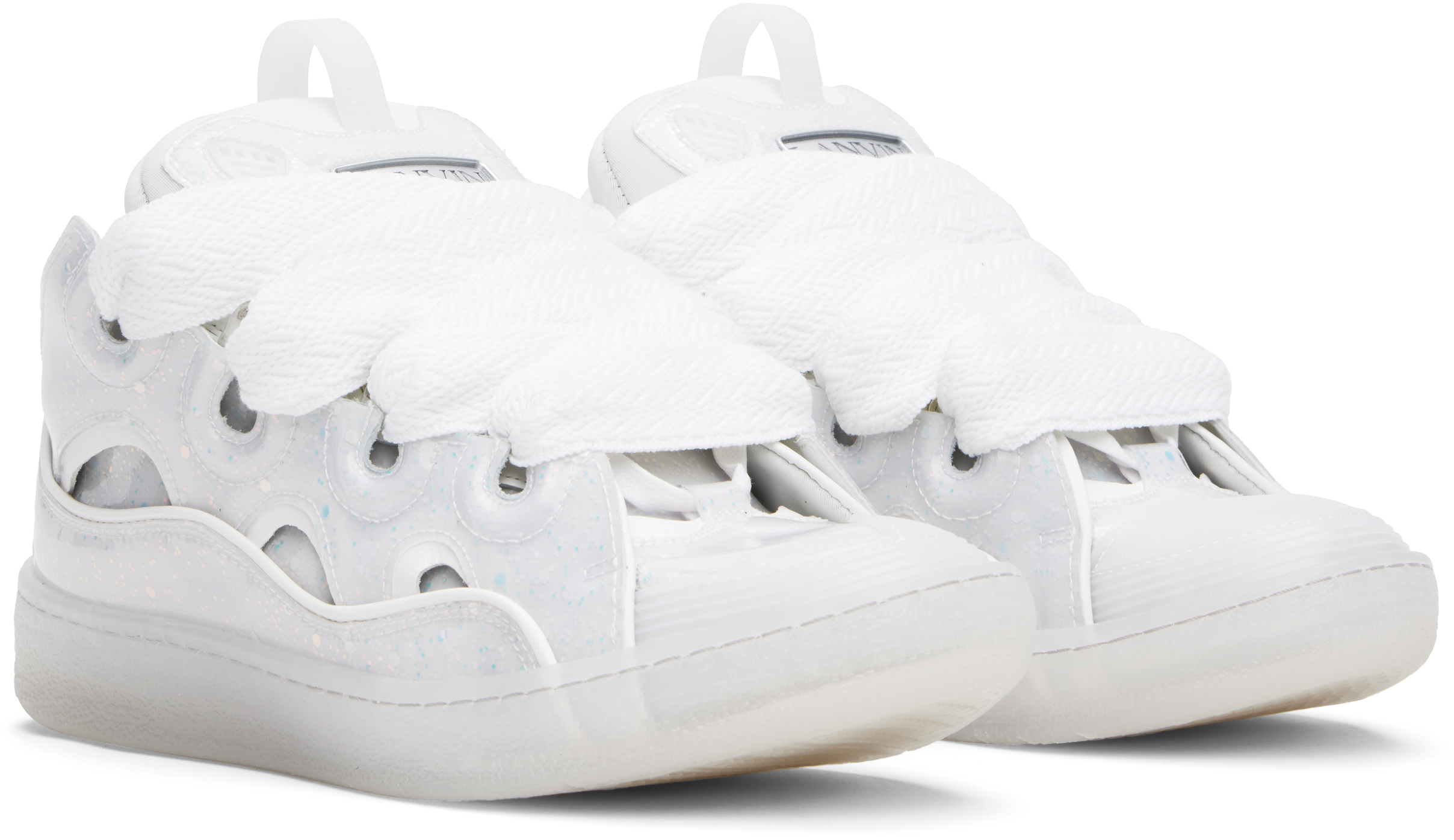 Lanvin Unisex Leather Curb Sneakers With Glitter Effect In White/white0000