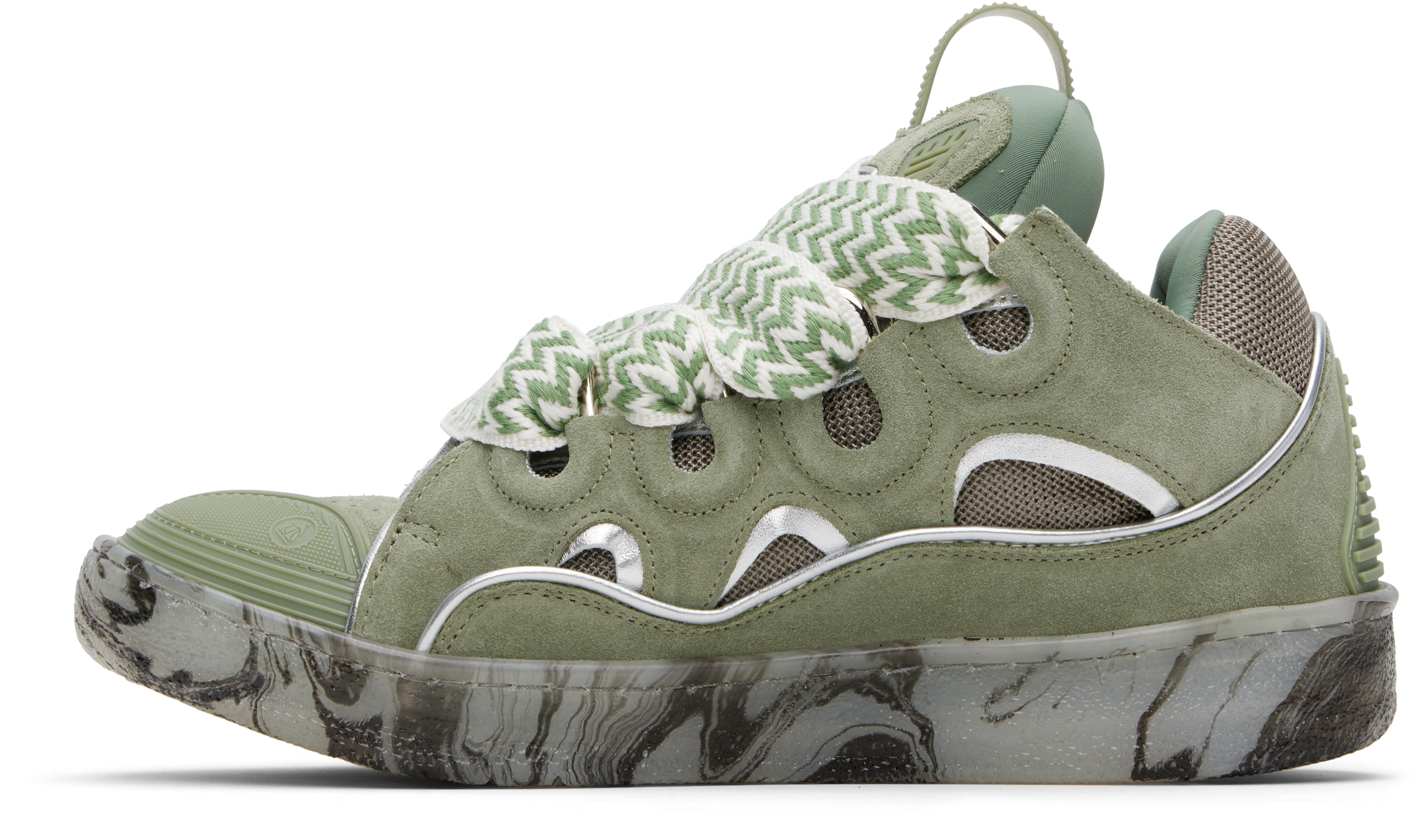 Lanvin Khaki Curb Leather Sneakers In Green/silver40m2