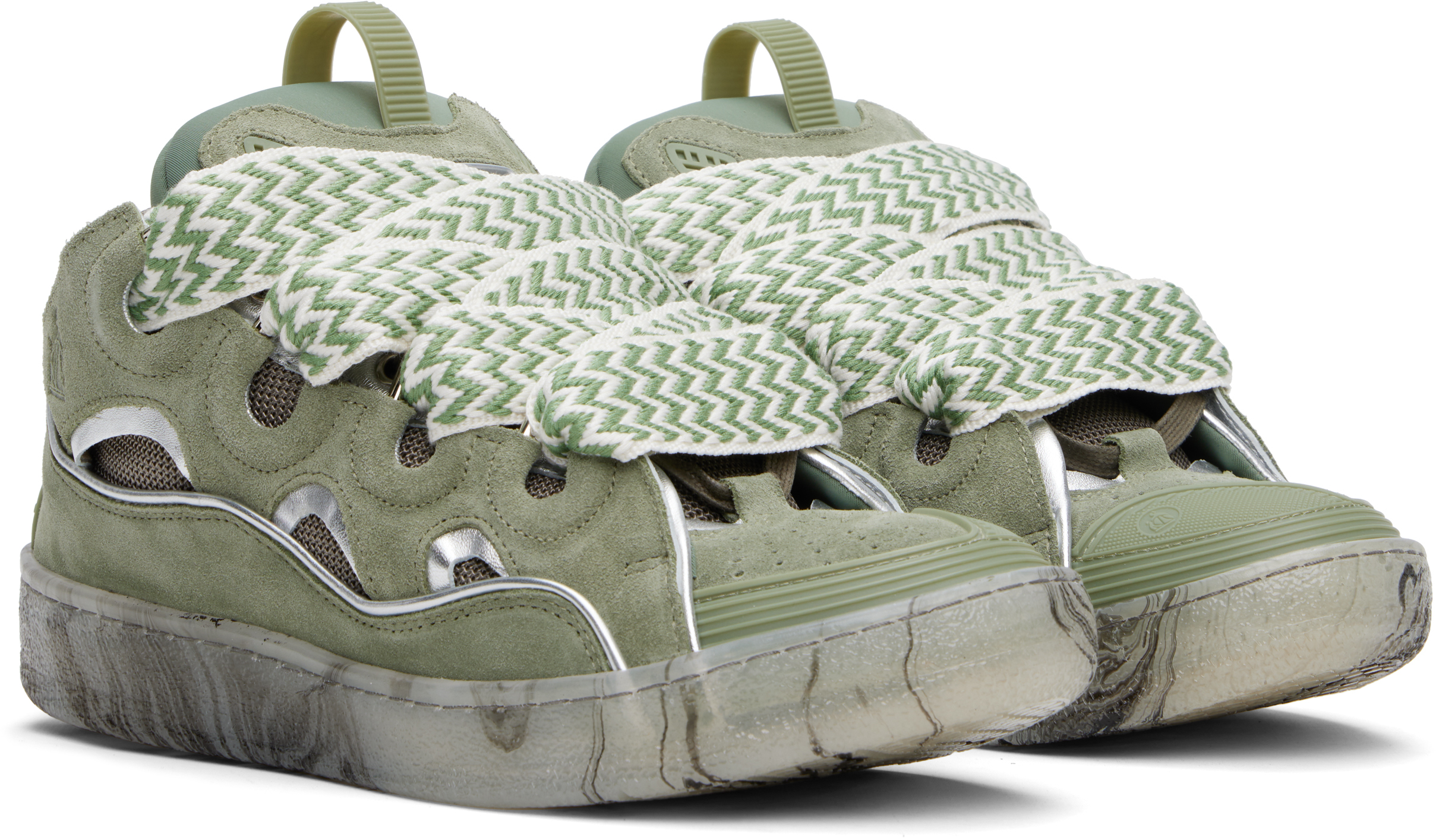 Lanvin Khaki Curb Leather Sneakers In Green/silver40m2
