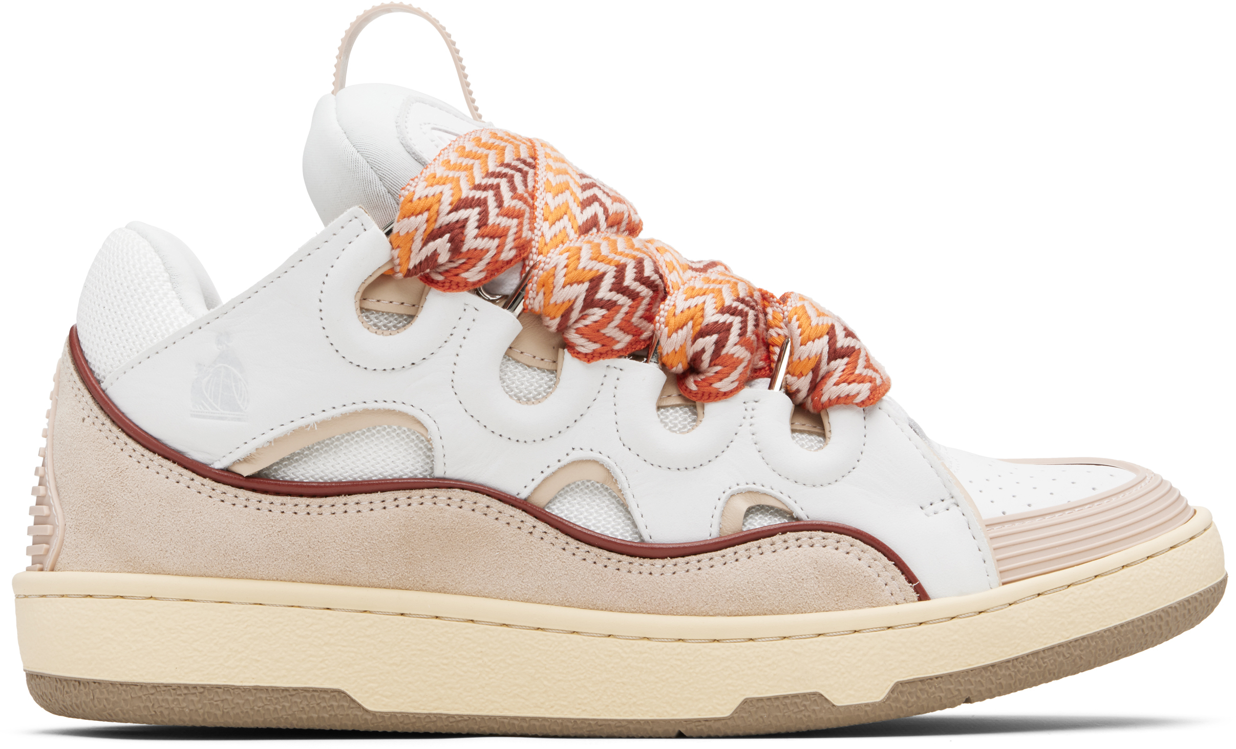 White & Beige Curb Leather Sneakers by Lanvin on Sale
