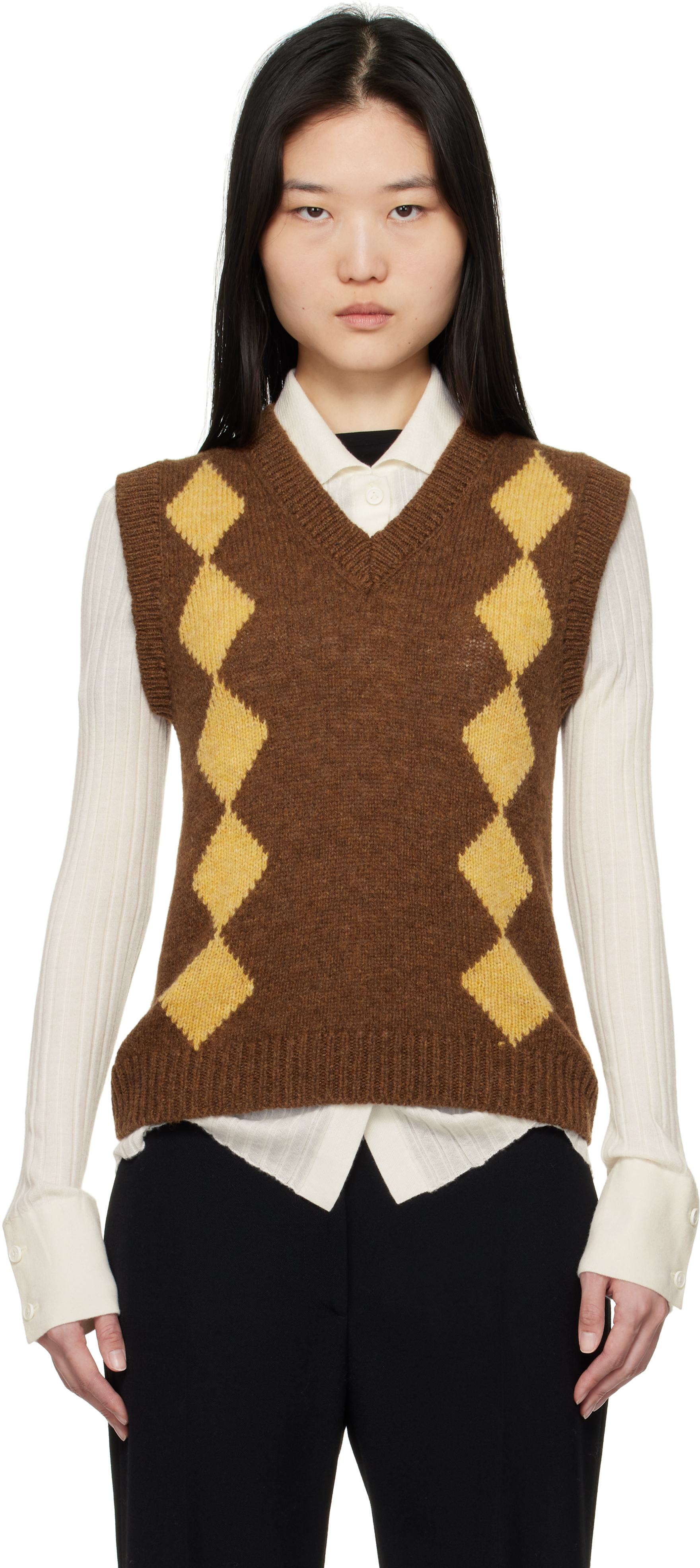 AND-DAUGHTER BROWN & YELLOW SHETLAND ARGYLE TANK SWEATER 