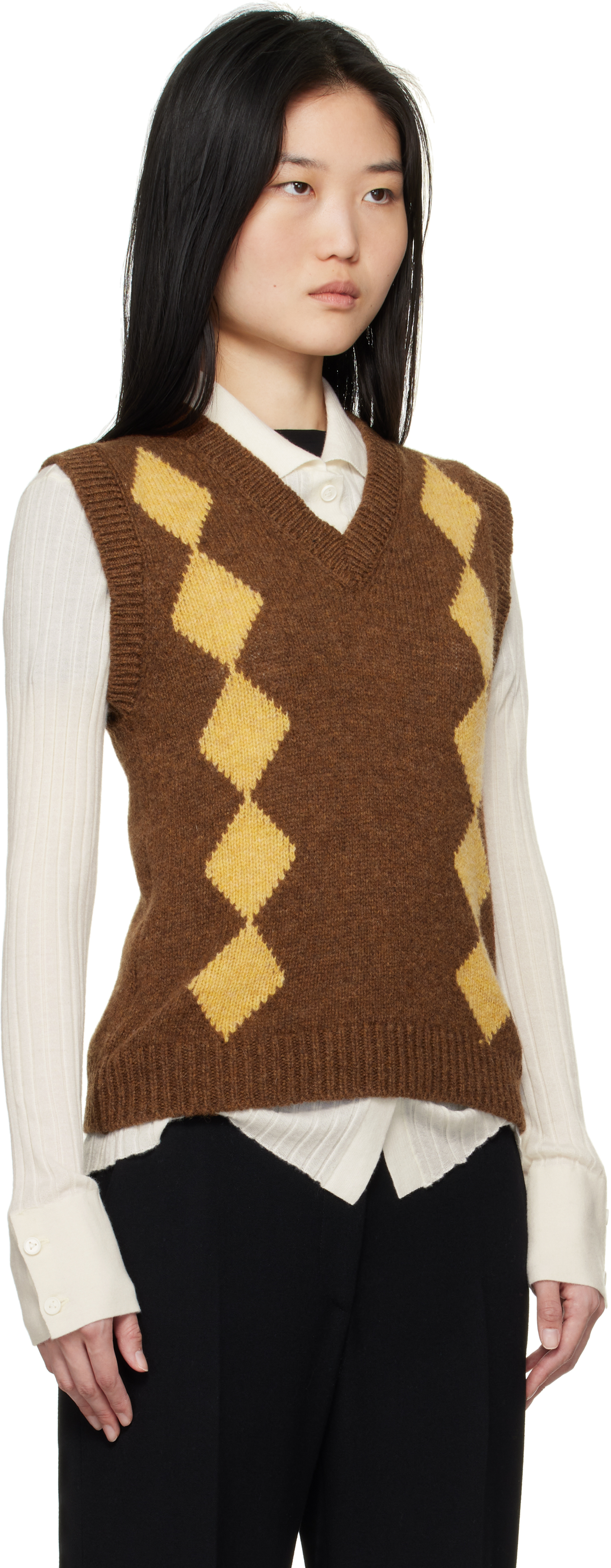 AND-DAUGHTER BROWN & YELLOW SHETLAND ARGYLE TANK SWEATER 