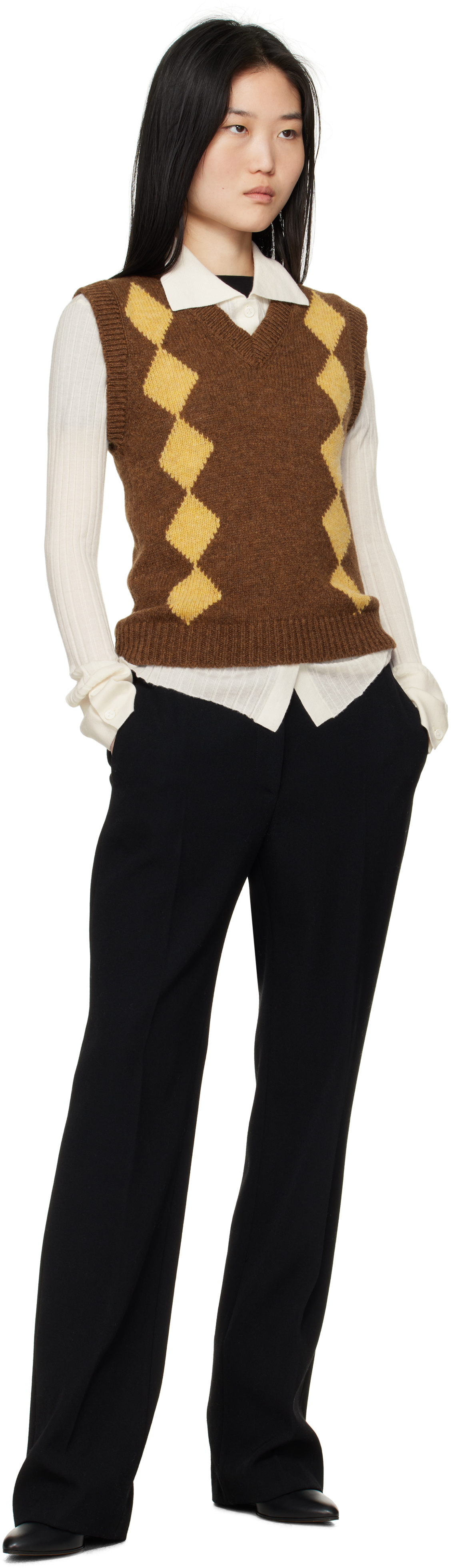 AND-DAUGHTER BROWN & YELLOW SHETLAND ARGYLE TANK SWEATER 