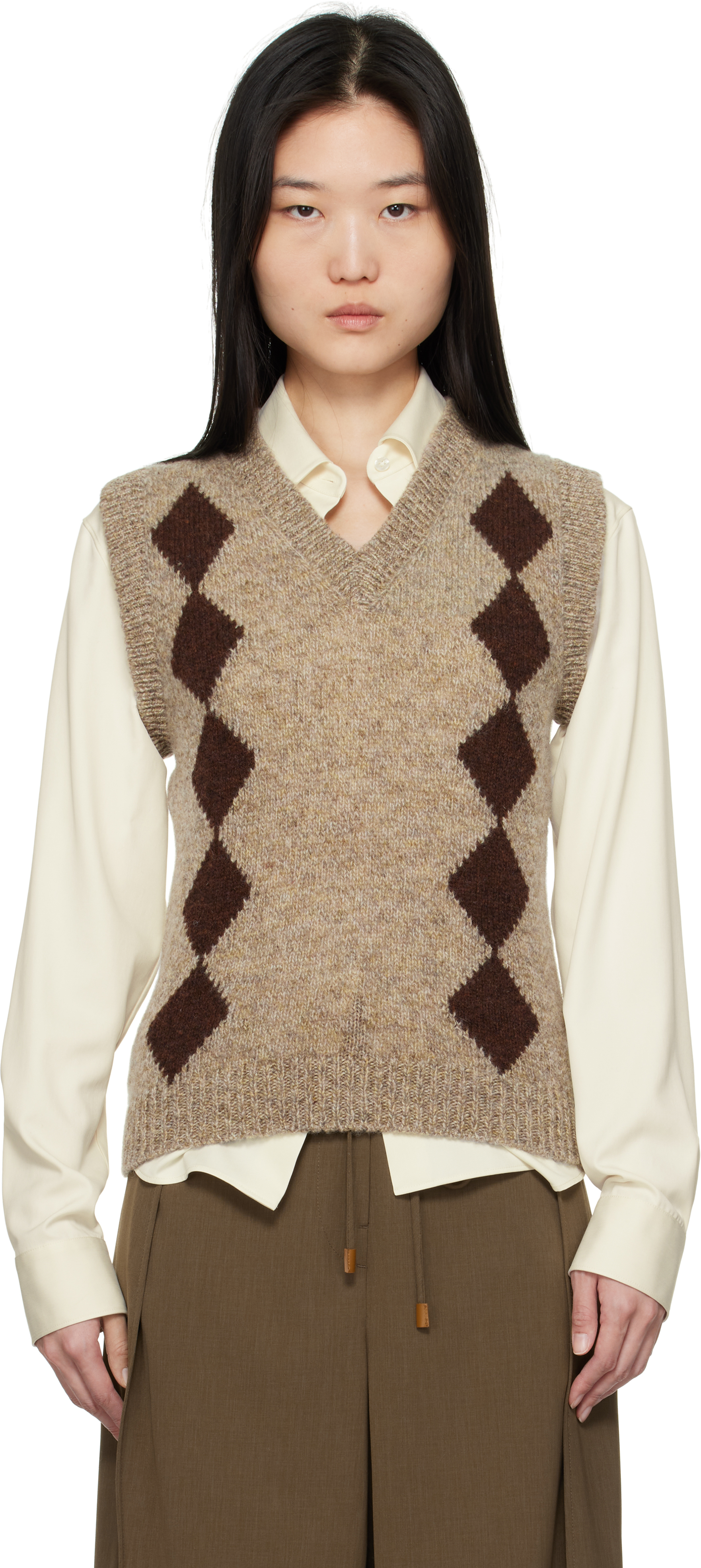 And-daughter Beige & Brown Shetland Argyle Waistcoat In Mushroom/coffee
