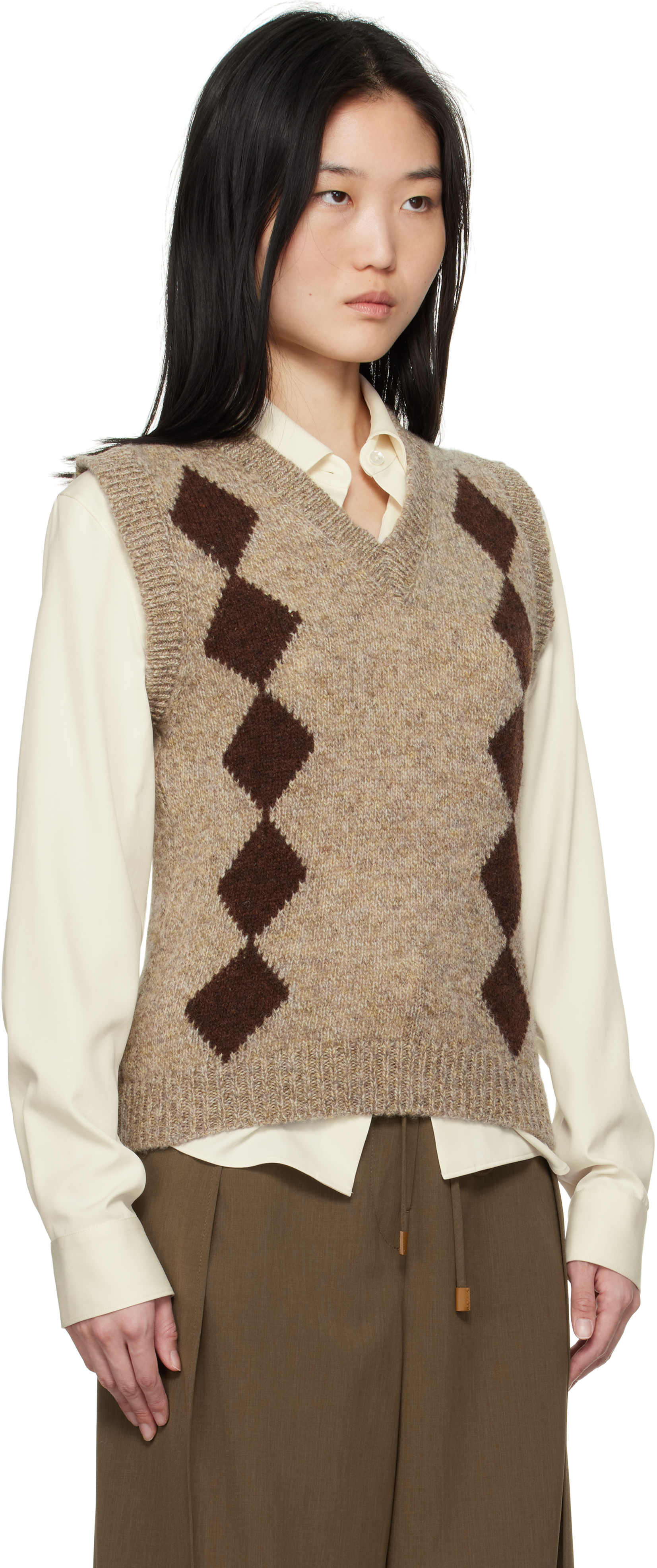 And-daughter Beige & Brown Shetland Argyle Vest In Mushroom/coffee