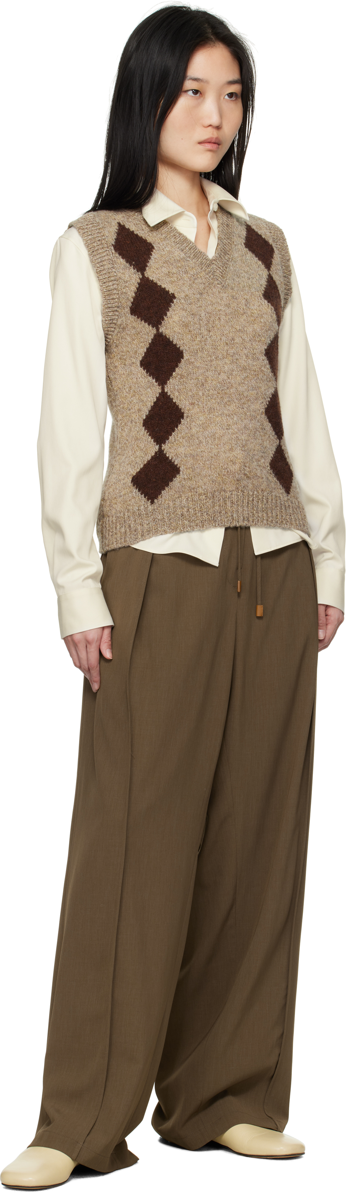 And-daughter Beige & Brown Shetland Argyle Vest In Mushroom/coffee