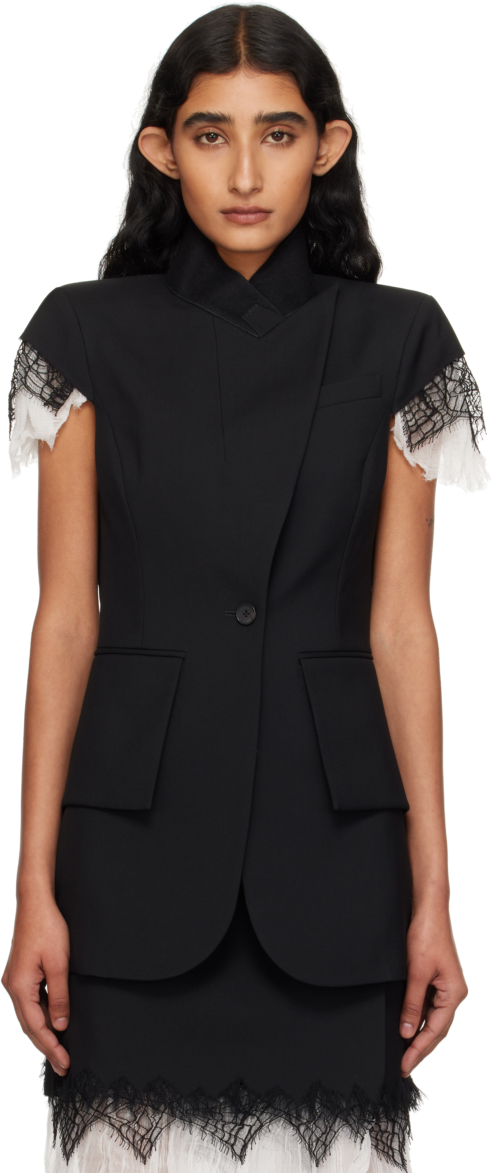 Alexander Mcqueen Asymmetrical Tailored Jacket With Lace Detailing In Black