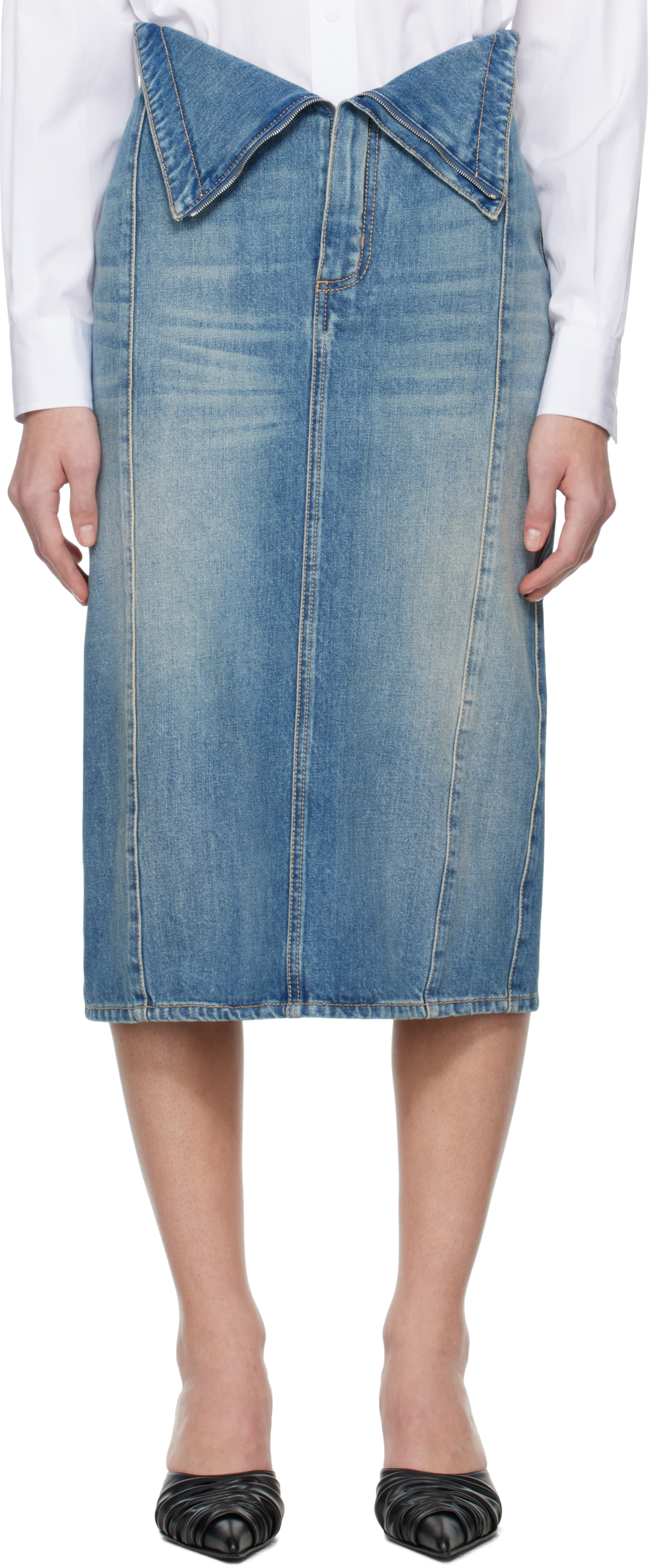 Blue Fold Over Waist Denim Midi Skirt