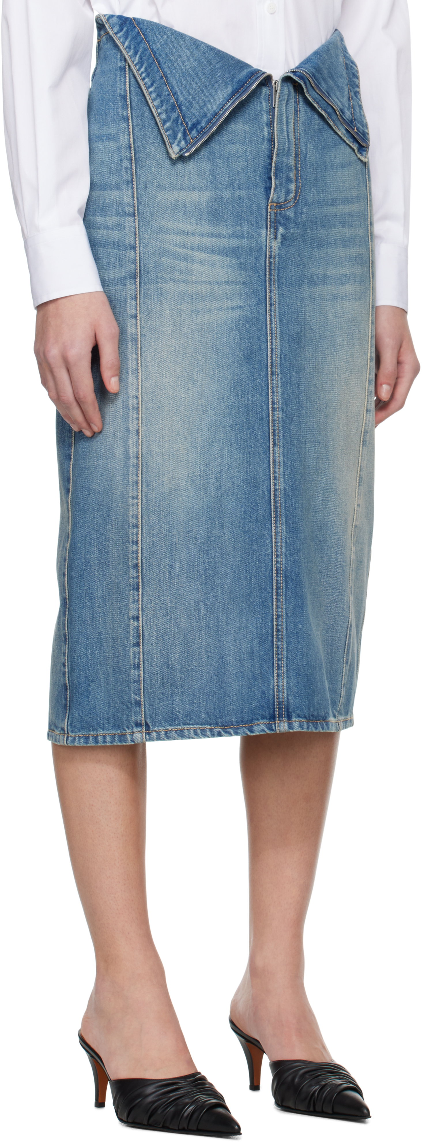 Shop Alexander Mcqueen Blue Fold Over Waist Denim Midi Skirt In 4315 Indigo Stonewas