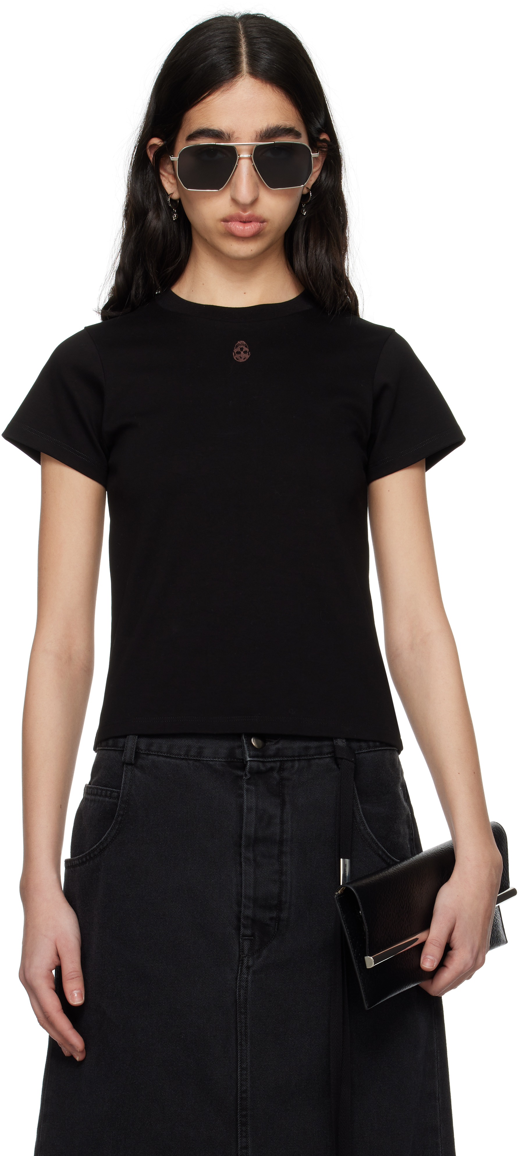 Black Embroidered Skull T-shirt by McQueen on Sale