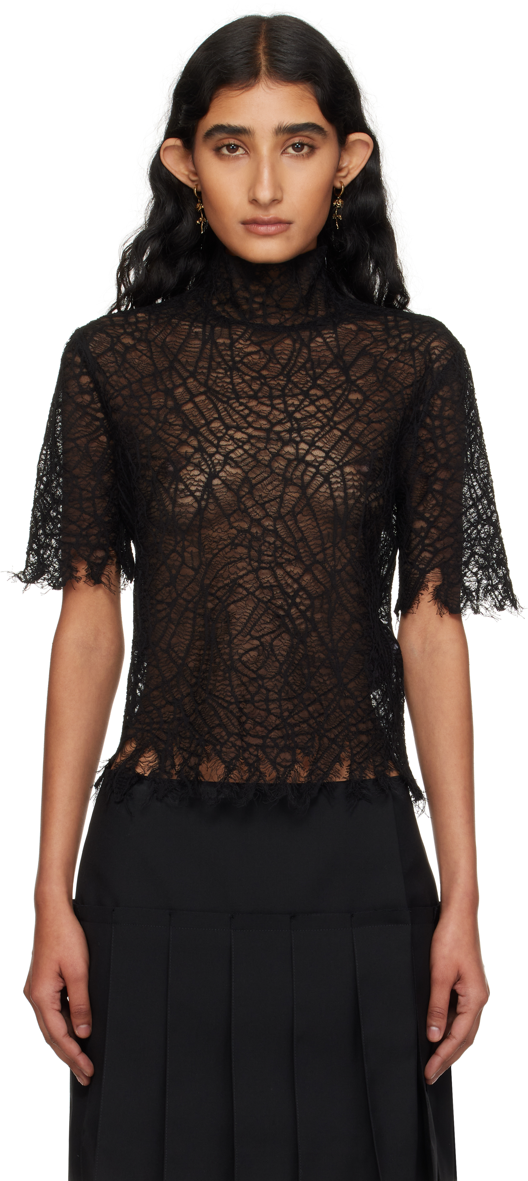 Alexander Mcqueen Black Knitted Cobweb Lace Top In Black