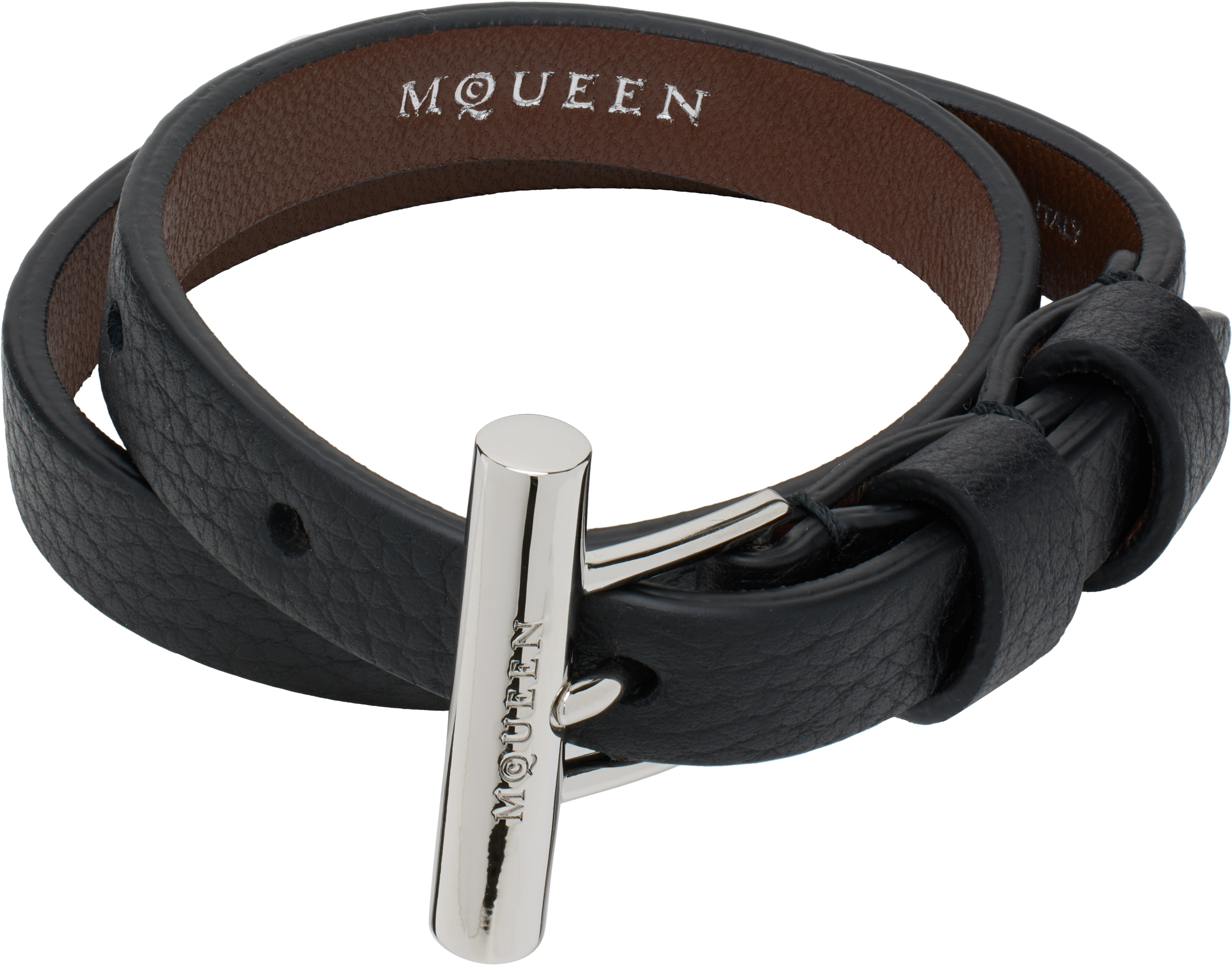 ALEXANDER MCQUEEN レザー Tバー ダブルラップ ブレスレット 黒 McQueen: ブラック T-Bar ダブルラップ ブレスレット | SSENSE 日本