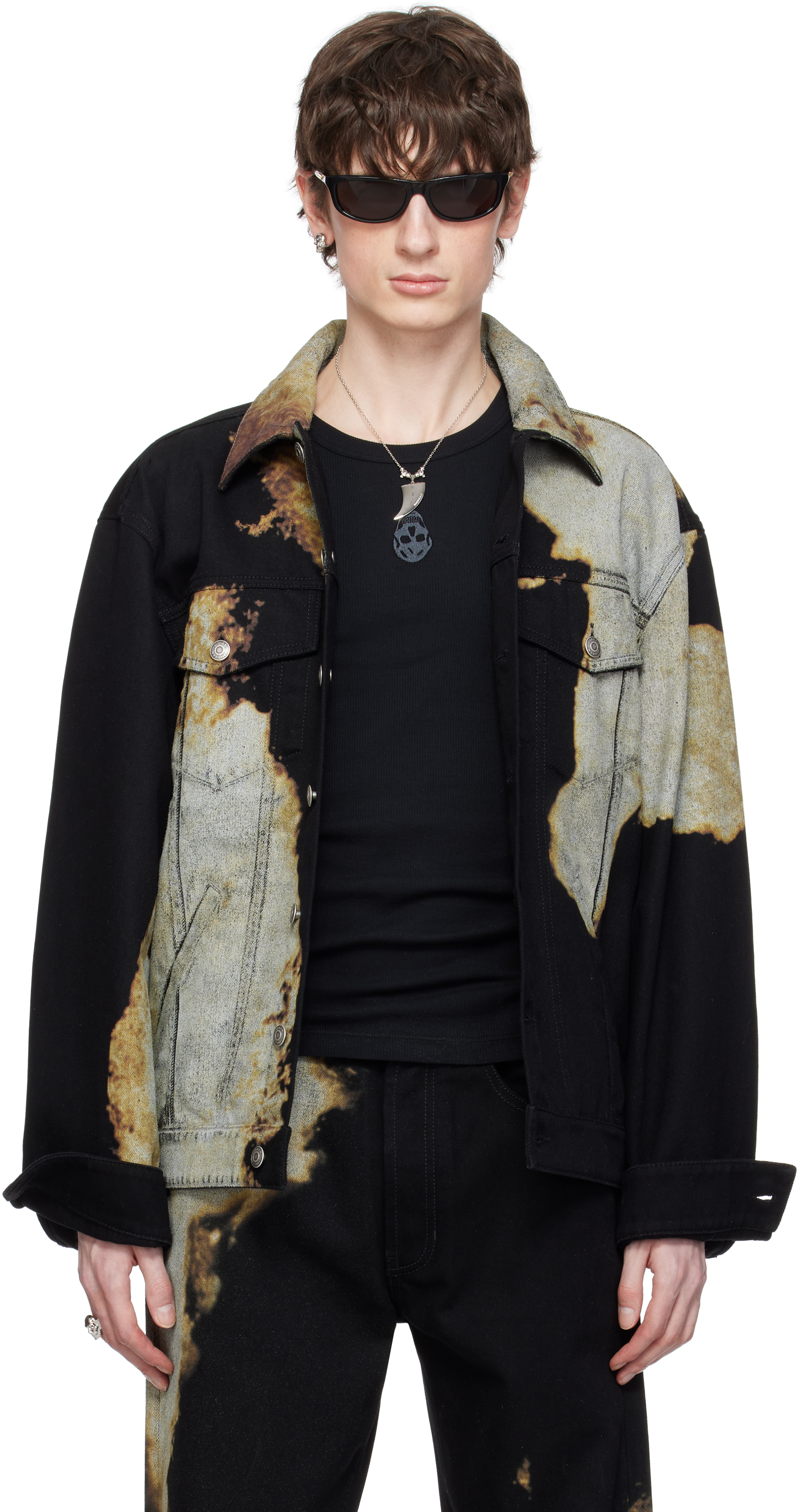 Black & Gray Abstract Print Denim Jacket