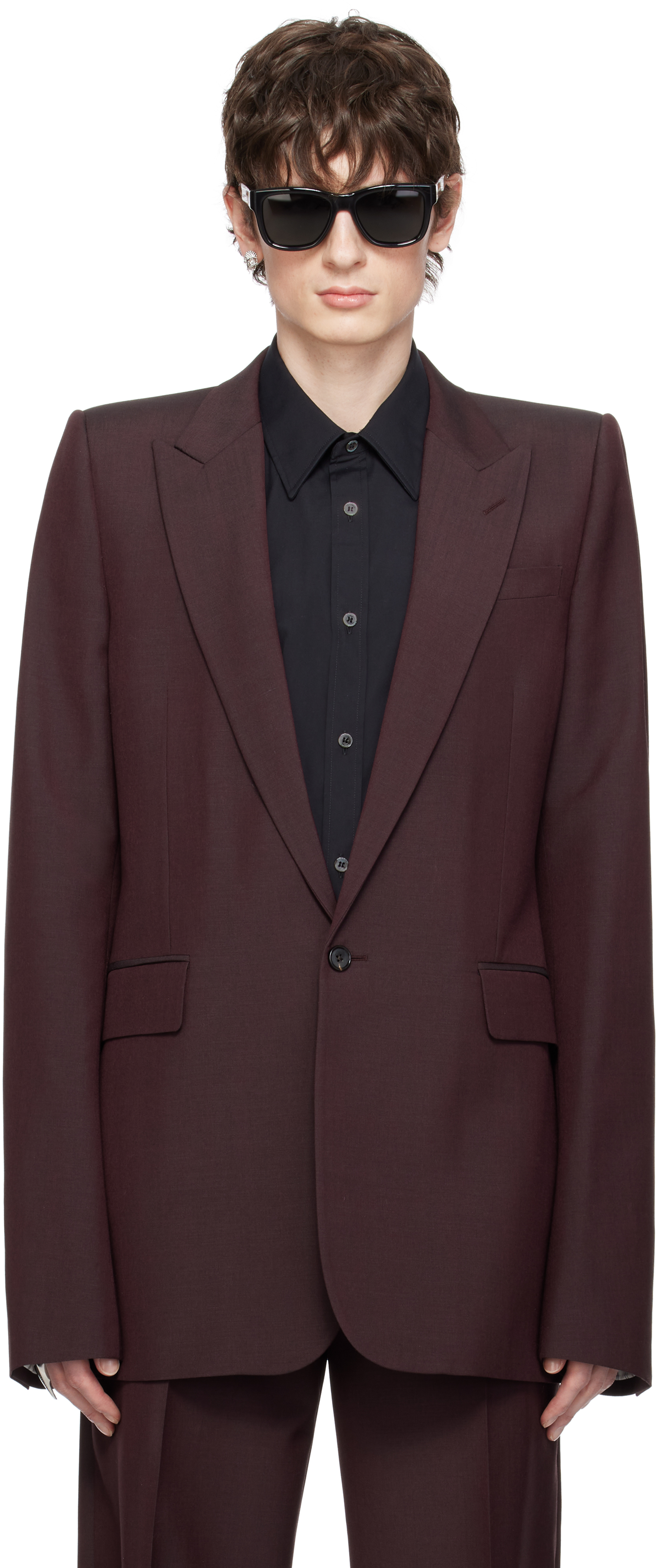 Burgundy Stacked Shoulder Single-Breasted Blazer by McQueen