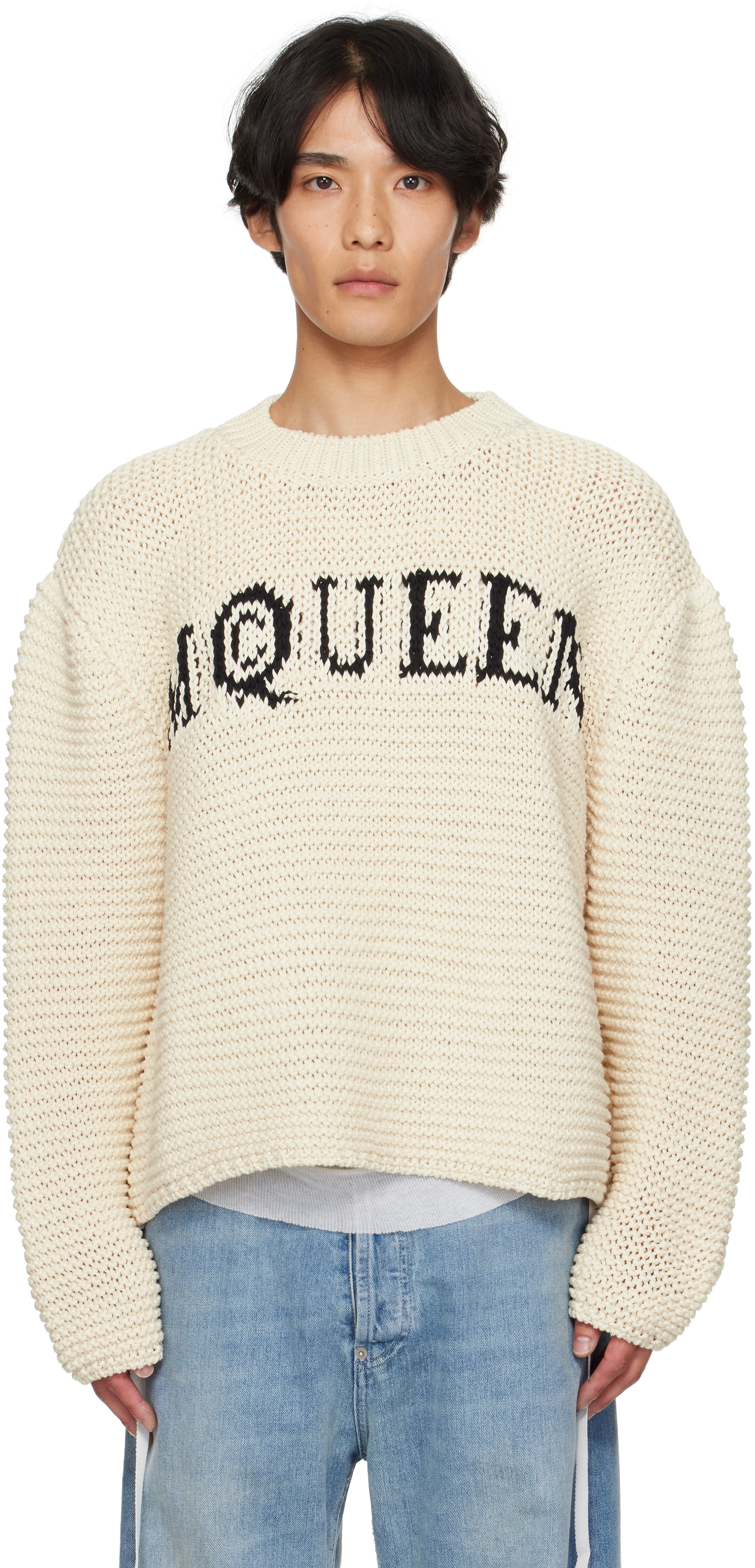 Alexander Mcqueen Graffiti Logo-intarsia Organic-cotton Sweater In Neutral