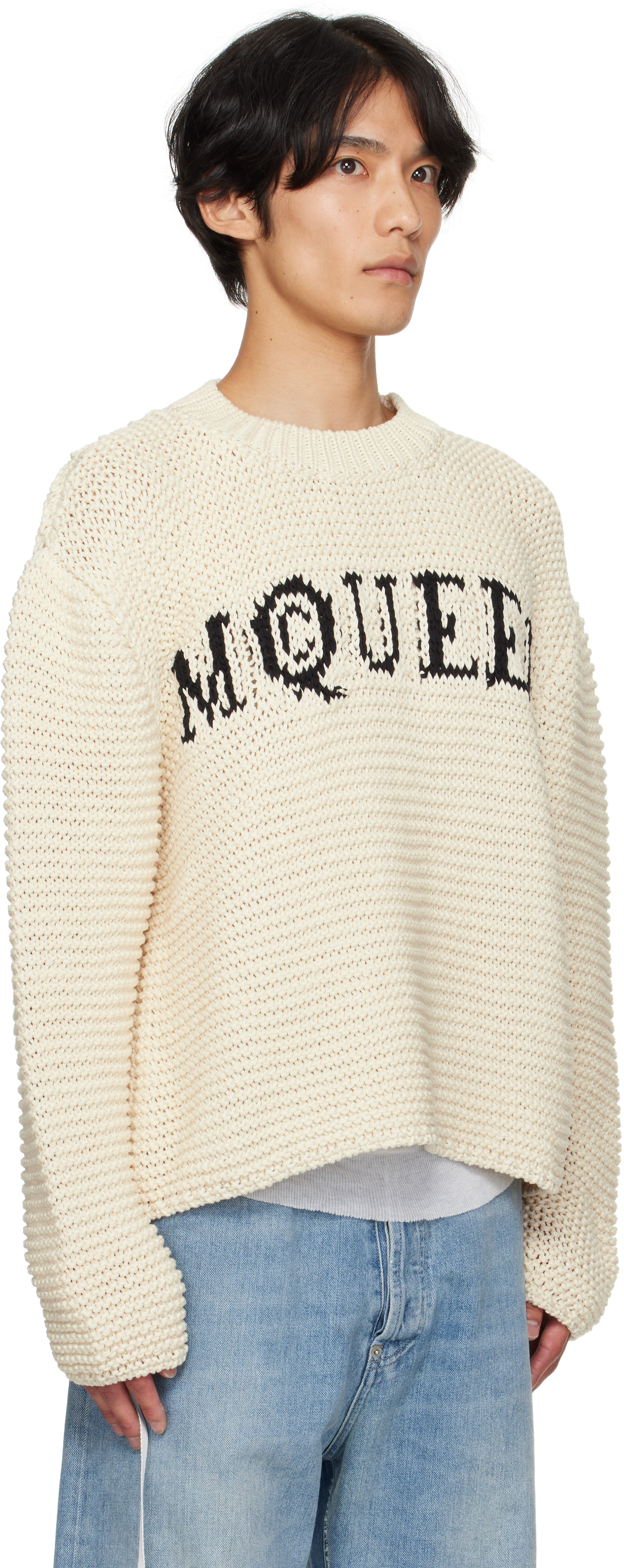 Alexander Mcqueen Graffiti Logo-intarsia Organic-cotton Sweater In Neutral