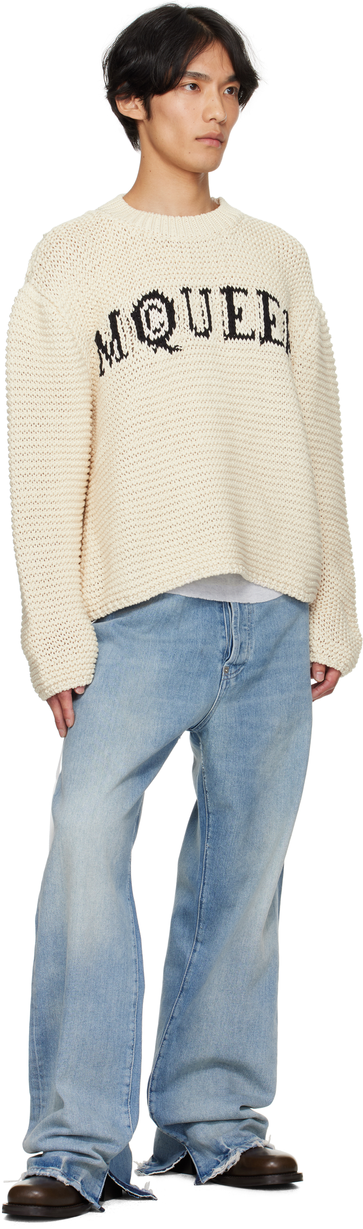 Alexander Mcqueen Graffiti Logo-intarsia Organic-cotton Sweater In Neutral